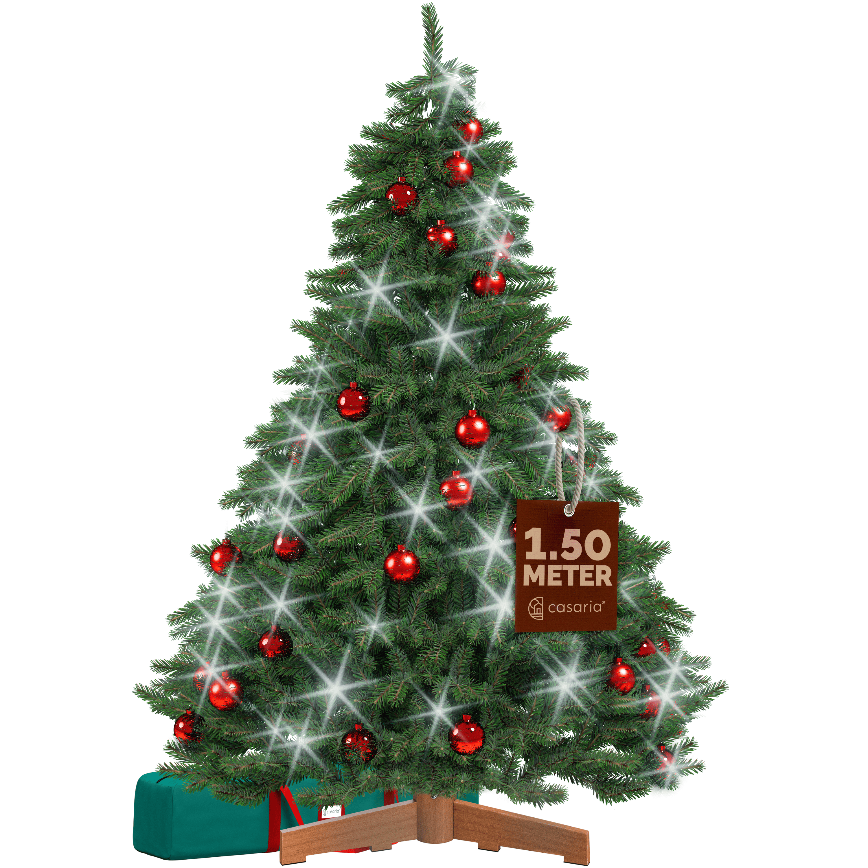 Künstlicher Weihnachtsbaum Premium 150cm + Kugeln Rot + Lichterkette kaltweiß