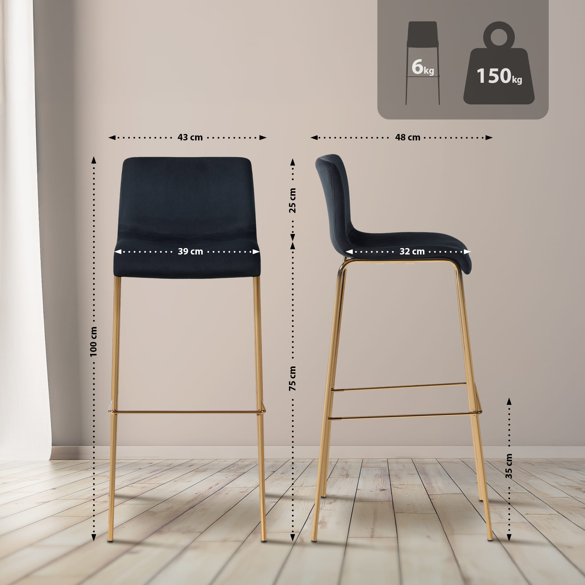 Barhocker Hoover Samt 4-Fuß Gold, schwarz