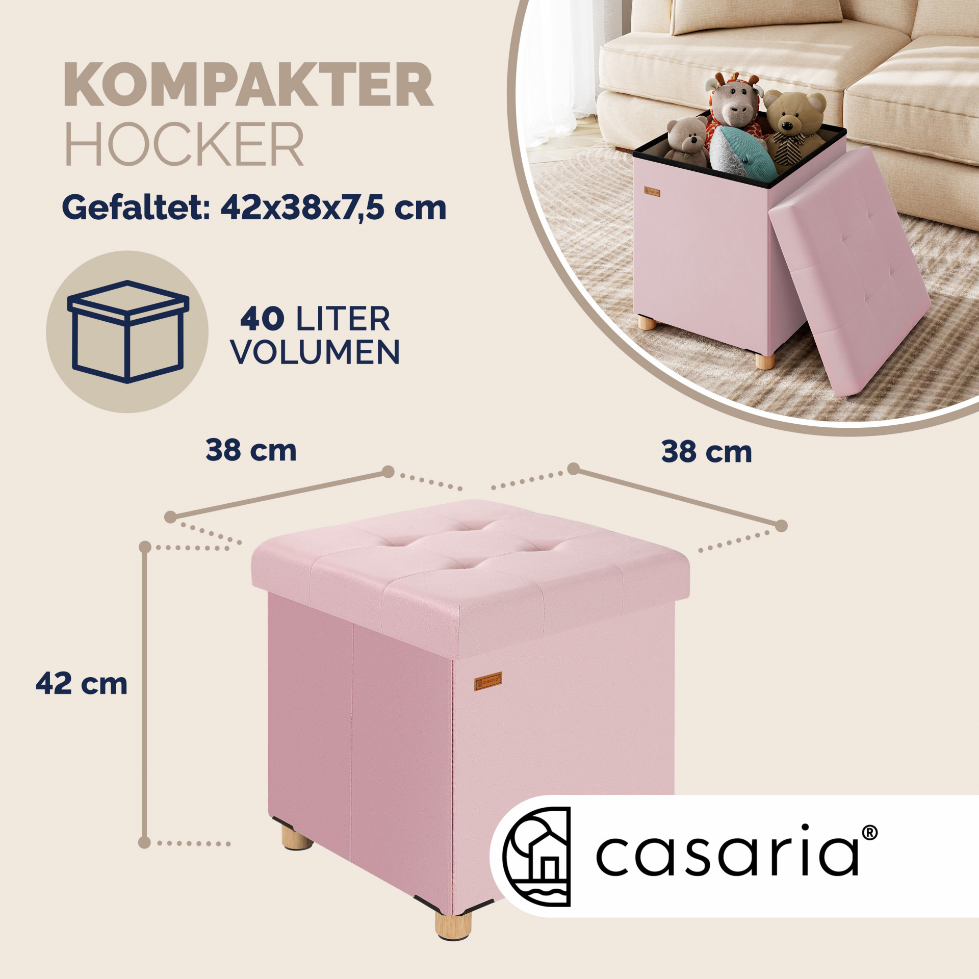 Sitzhocker Rosa Samt 42x38x38cm faltbar