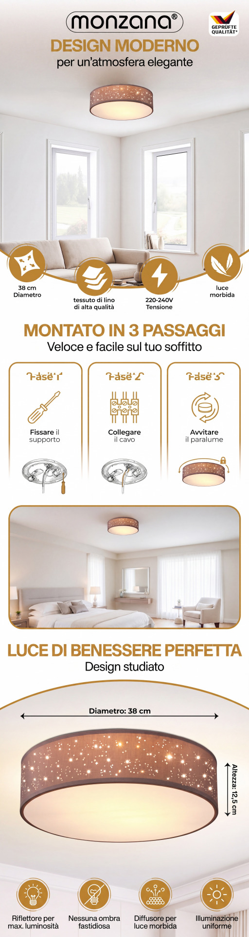 Deckenlampe Taupe Stoff Ø38cm Sternenhimmel
