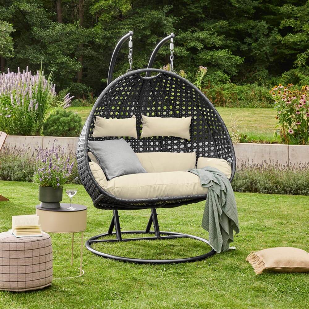 Polyrattan Hängesessel TWIN DELUXE - Schwarz/Creme für 2 Personen