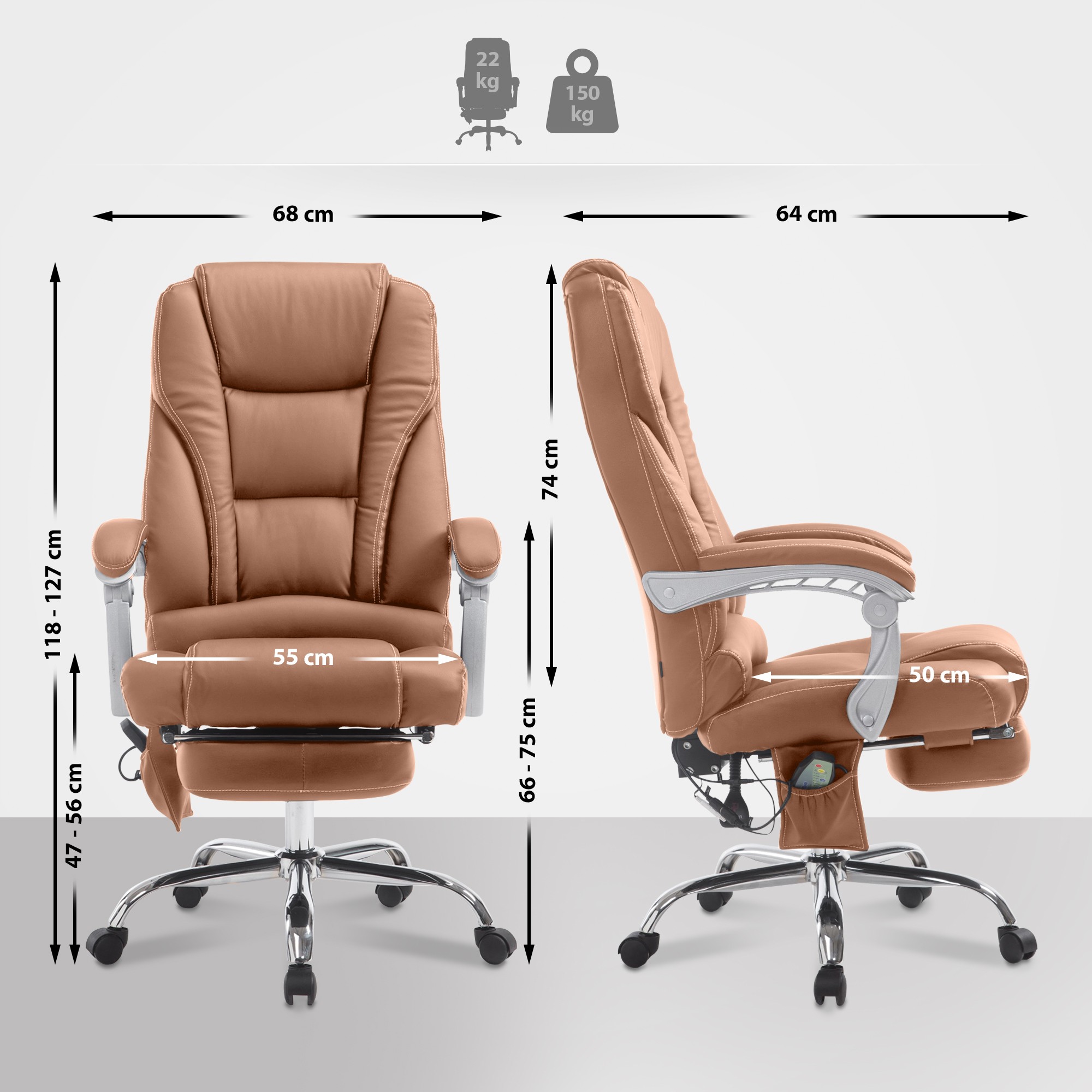 Bürostuhl Pacific mit Massagefunktion V2 Kunstleder, hellbraun