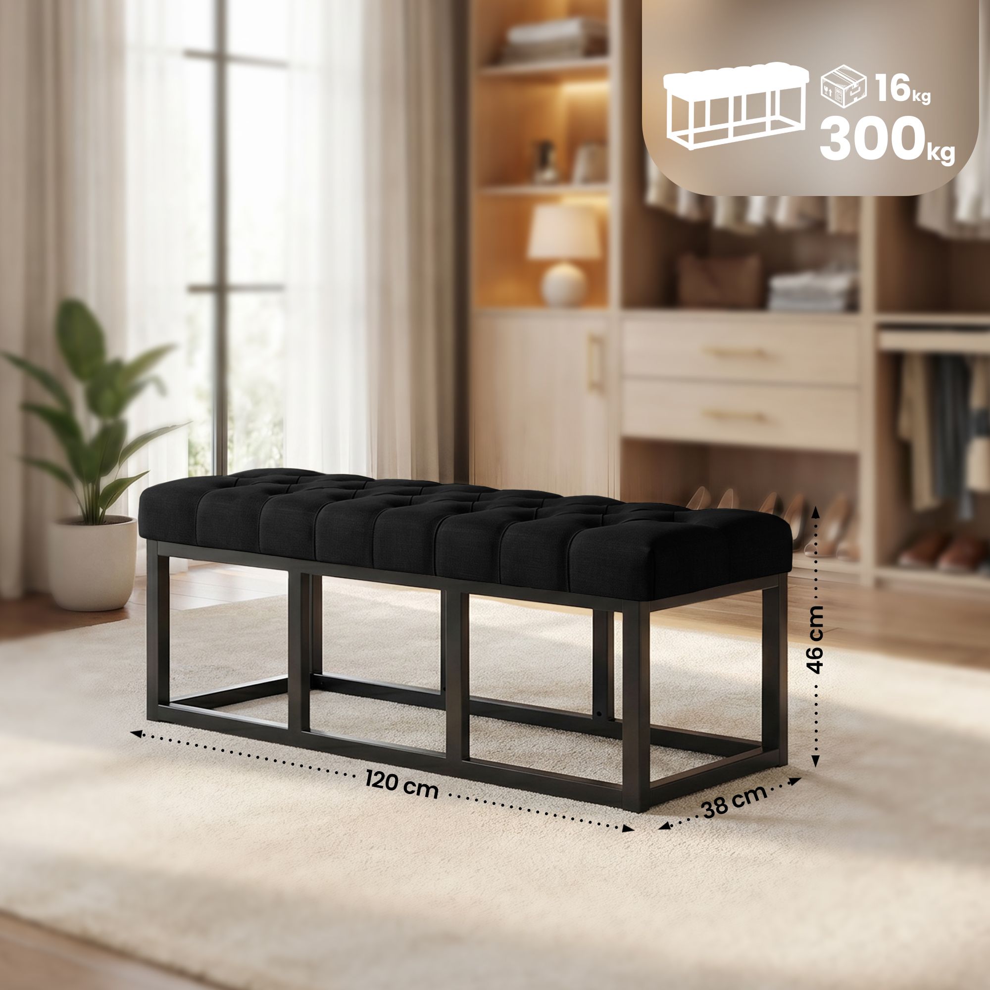 Sitzbank Amun Stoff Schwarz 120 cm, schwarz