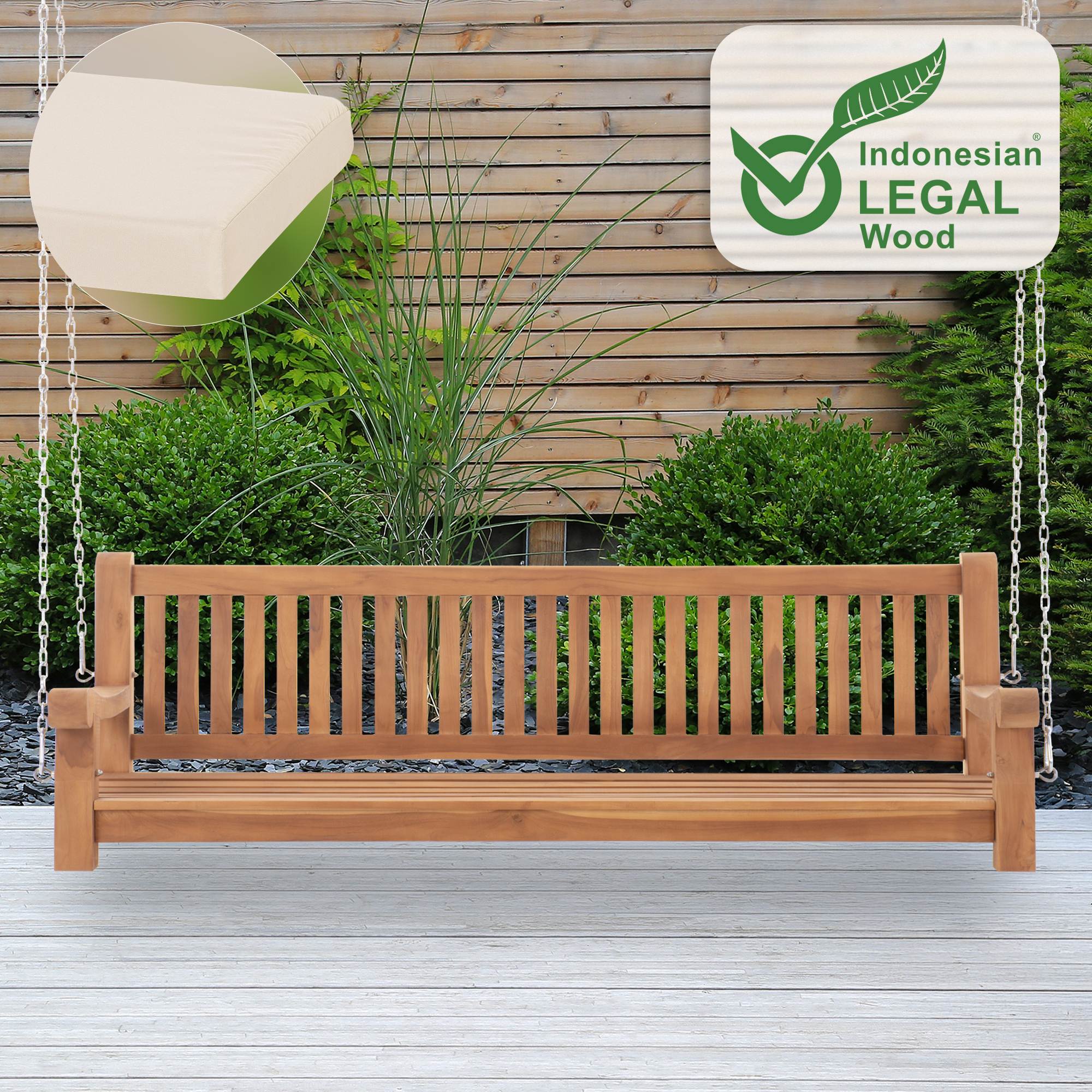 Schaukelbank Joyce mit Sitzkissen 200 cm + teak, creme