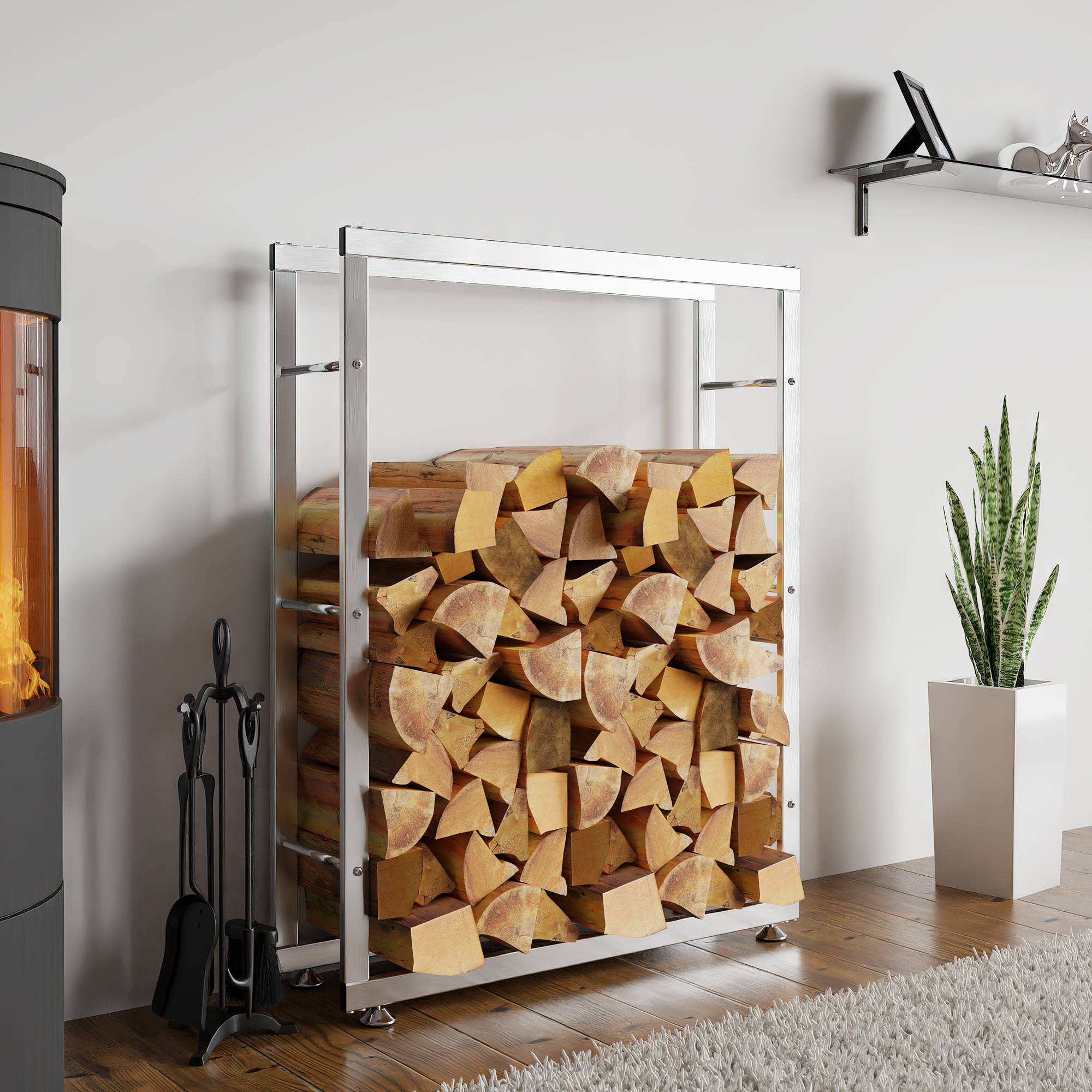 Kaminholzständer Keri V2 25x80x125 cm, edelstahl