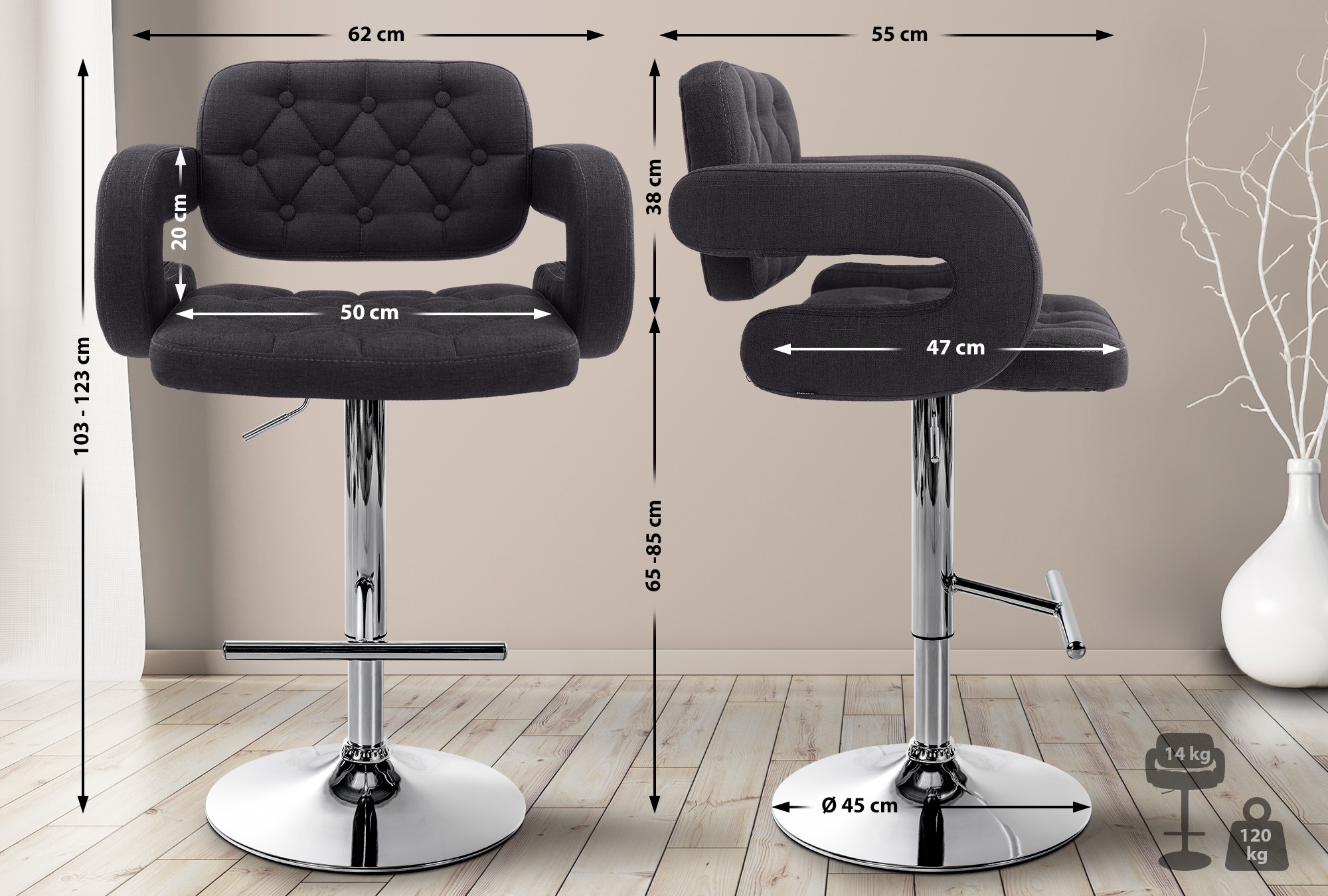 2er Set Barhocker Dublin Stoff C, schwarz