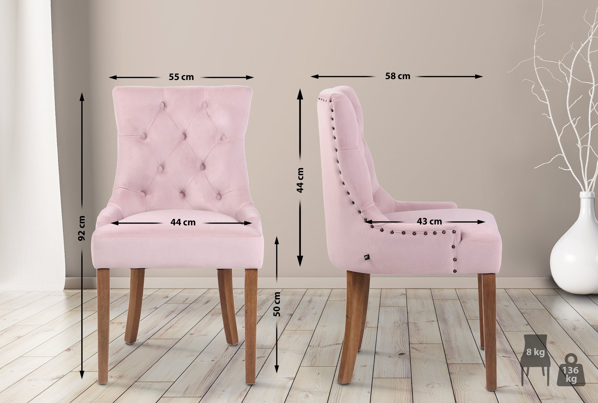 4er Set Esszimmerstühle Aberdeen Samt antik-hell, pink