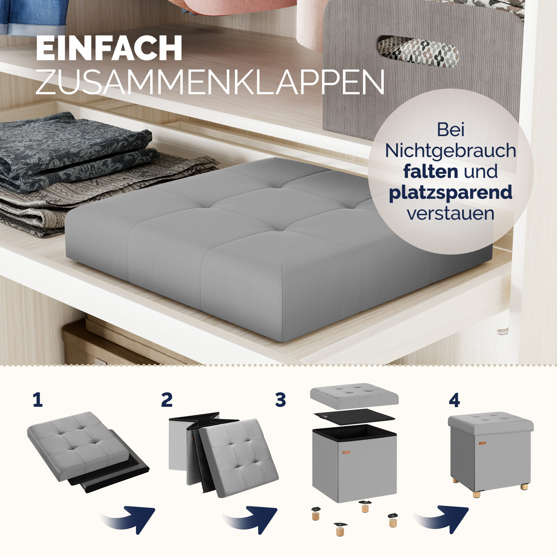 Sitzhocker Grau Samt 42x38x38cm faltbar