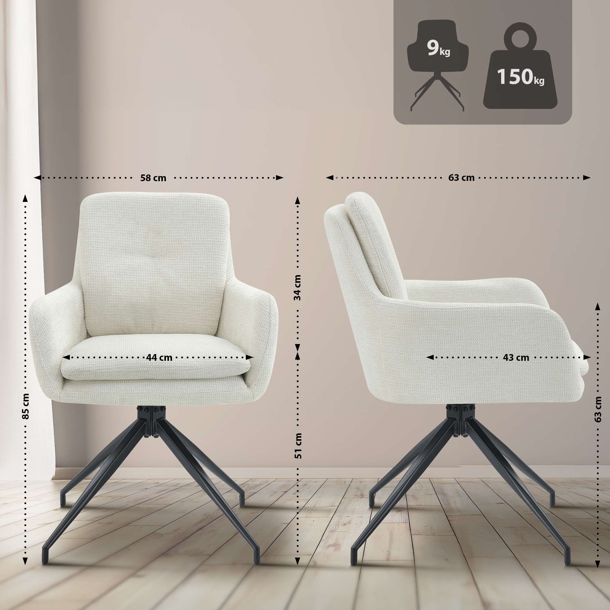 2er Set Esszimmerstuhl Pickett Stoff, creme