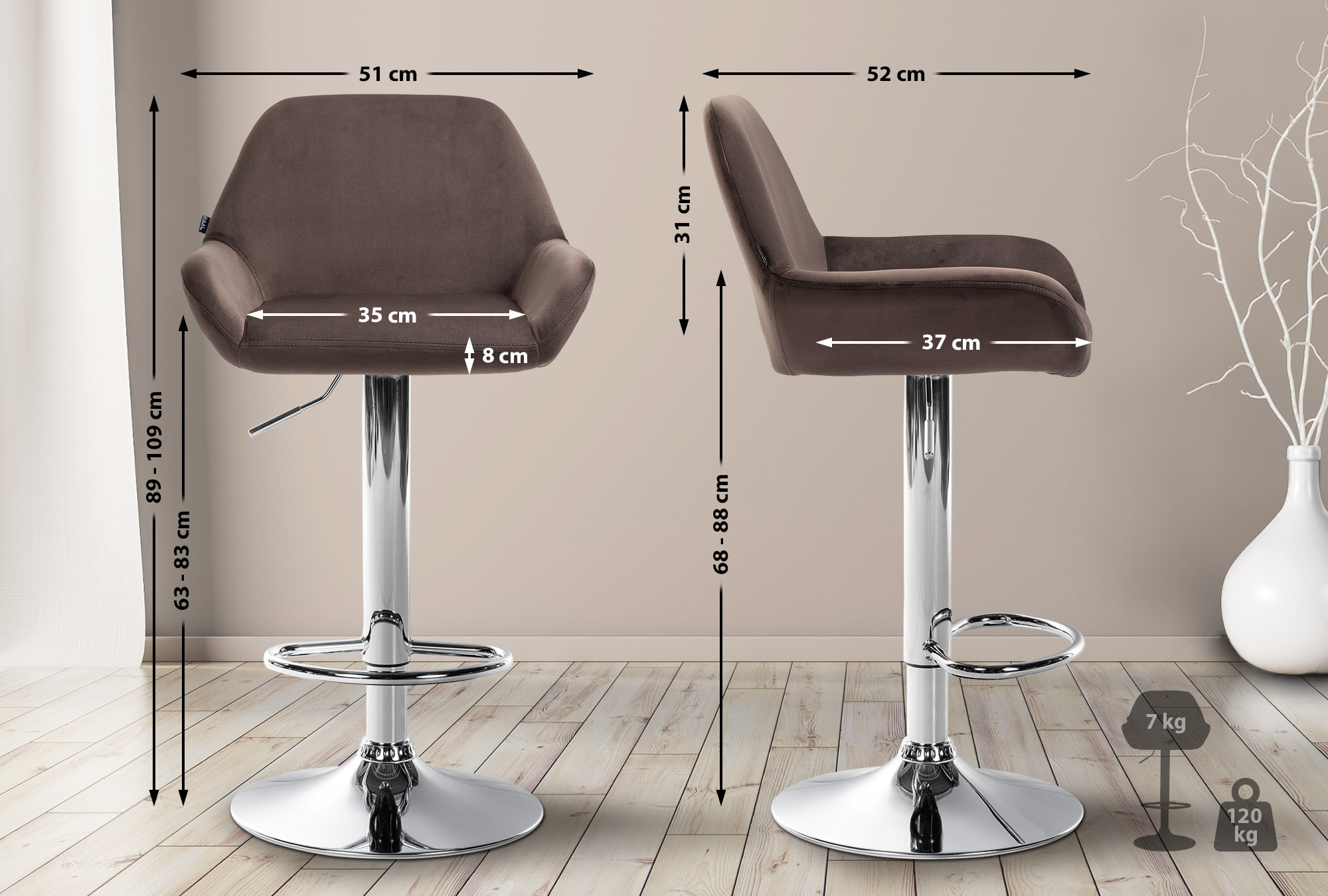Barhocker Braga Samt chrom, braun