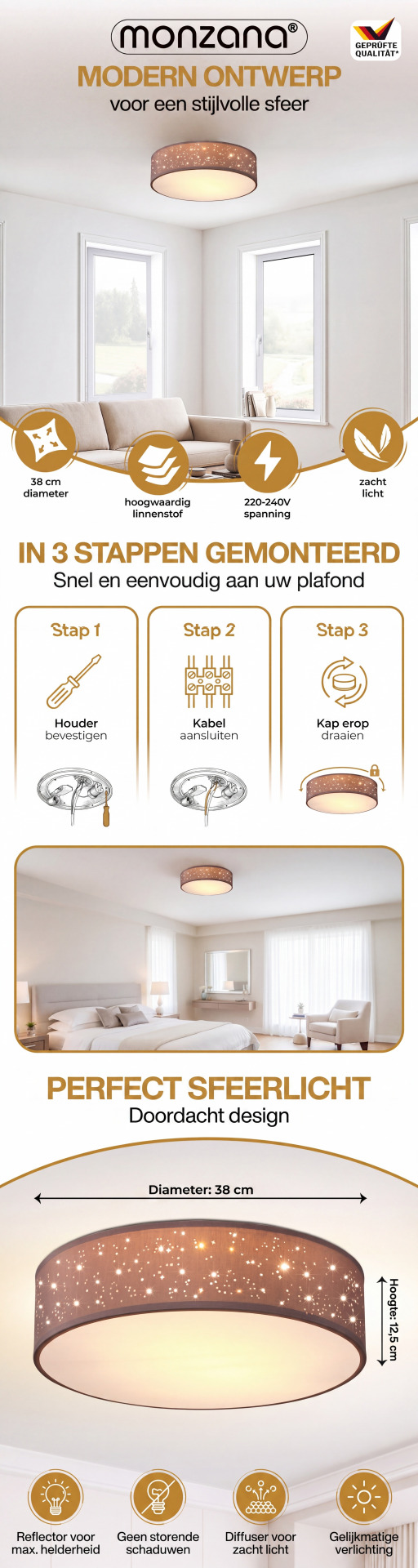 Deckenlampe Taupe Stoff Ø38cm Sternenhimmel