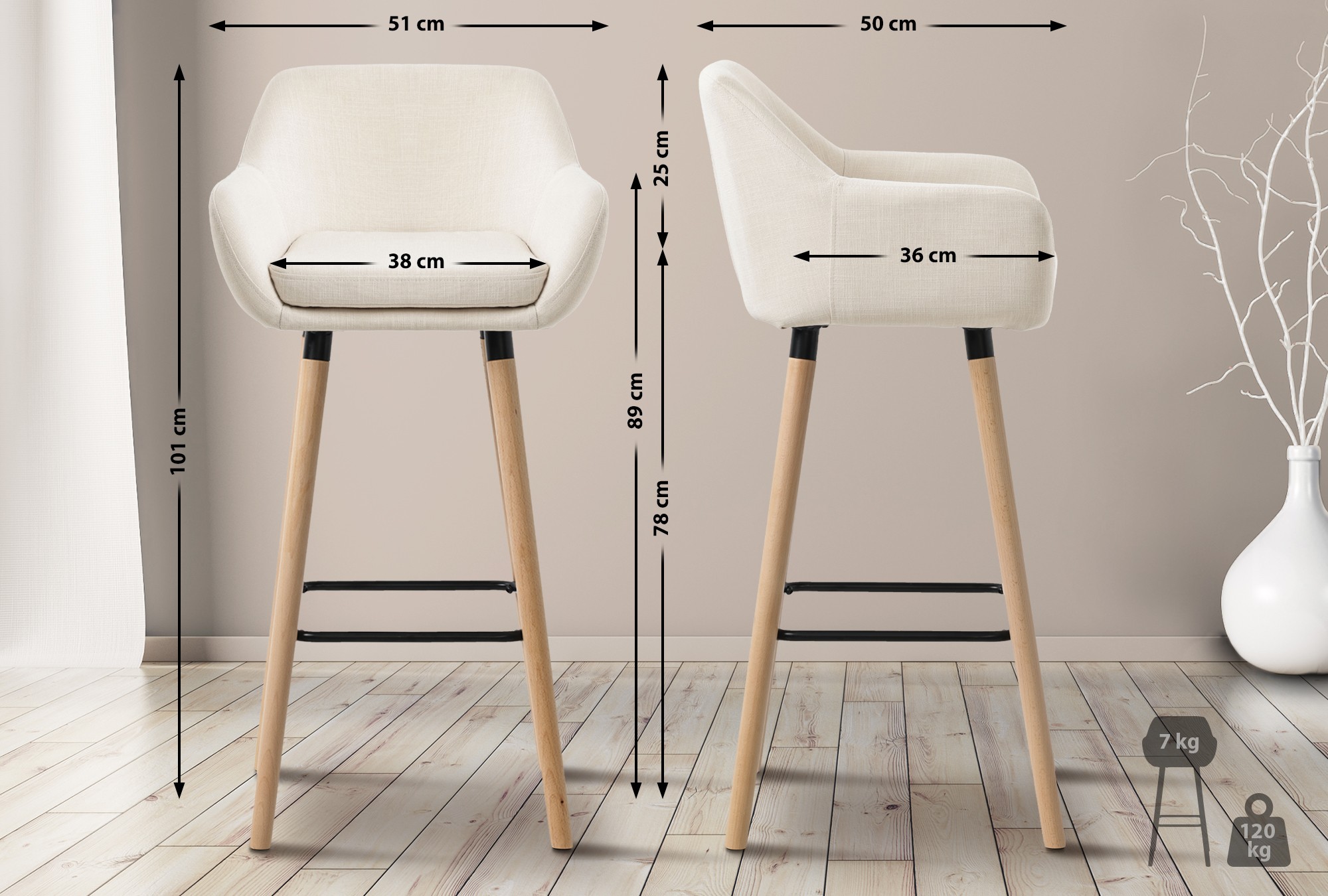2er Set Barhocker Grant Stoff, beige