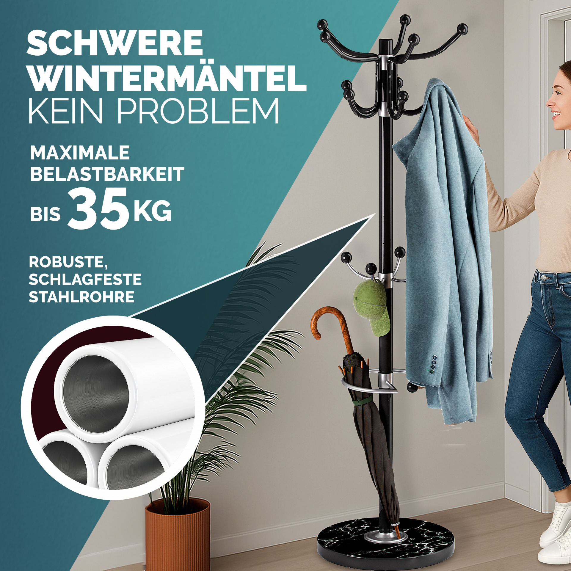 Kleiderständer Schwarz mit Marmorfuß 173cm