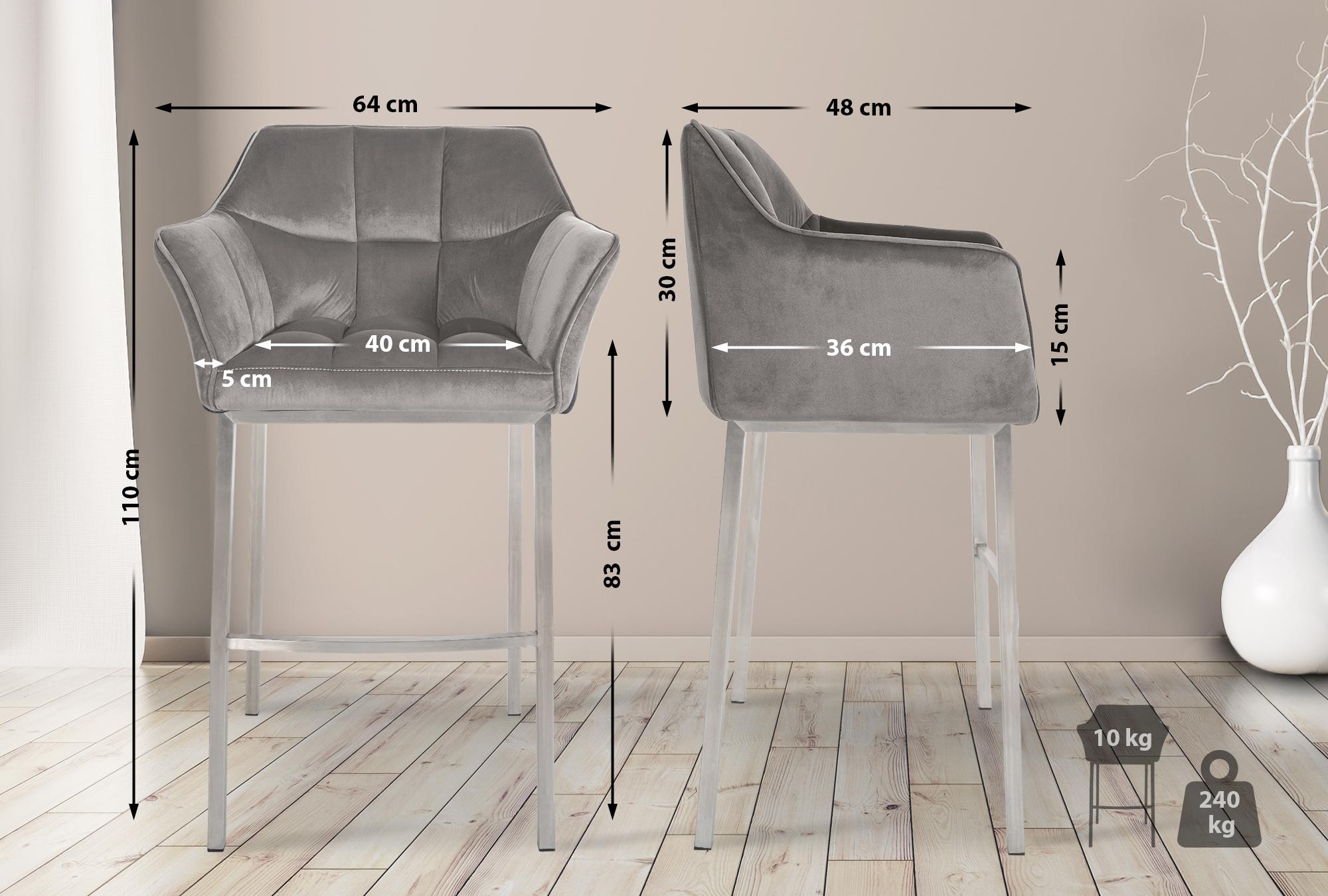 Barhocker Damaso E Samt mit 4-Fuß Gestell, grau