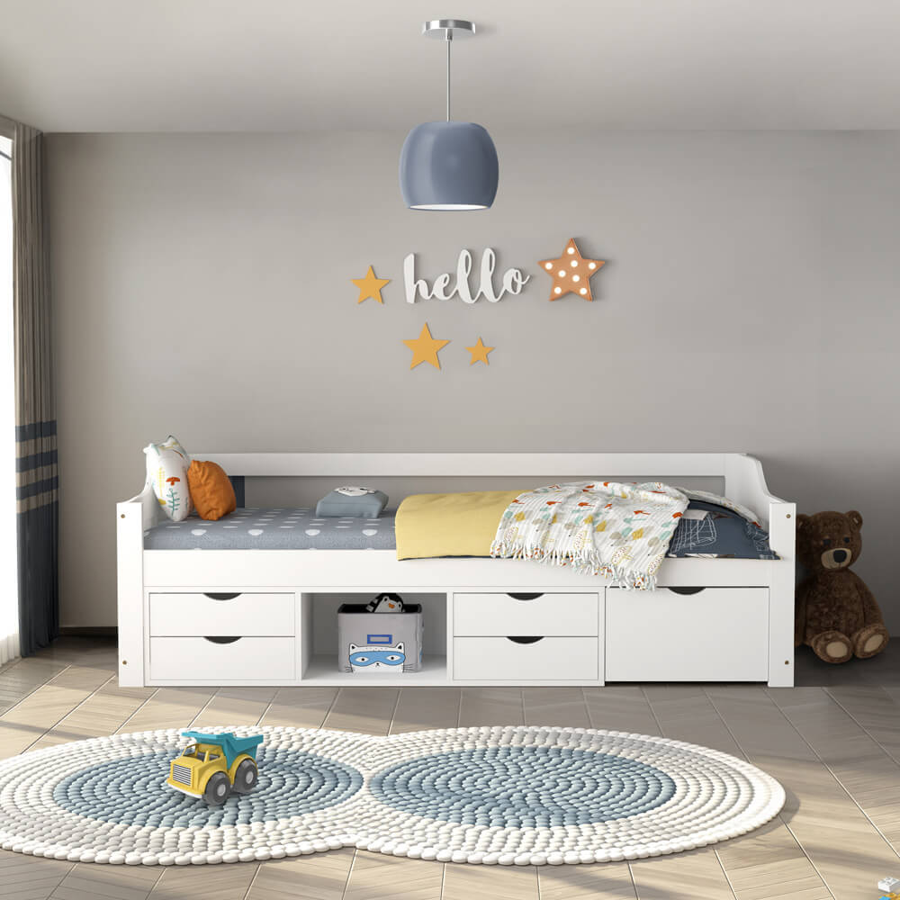 Kinderbett COSMOS mit Schubladen und Matratze - 90 x 200 cm Weiß