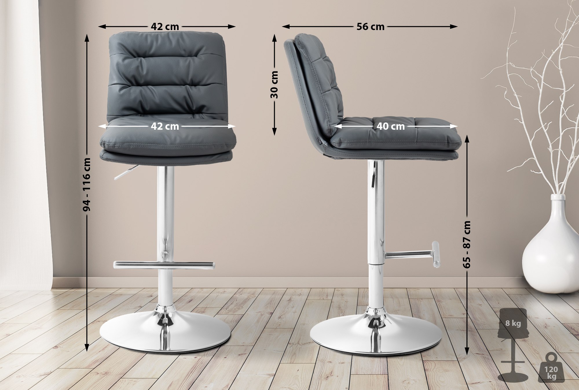 2er Set Barhocker Damar Kunstleder chrom, grau
