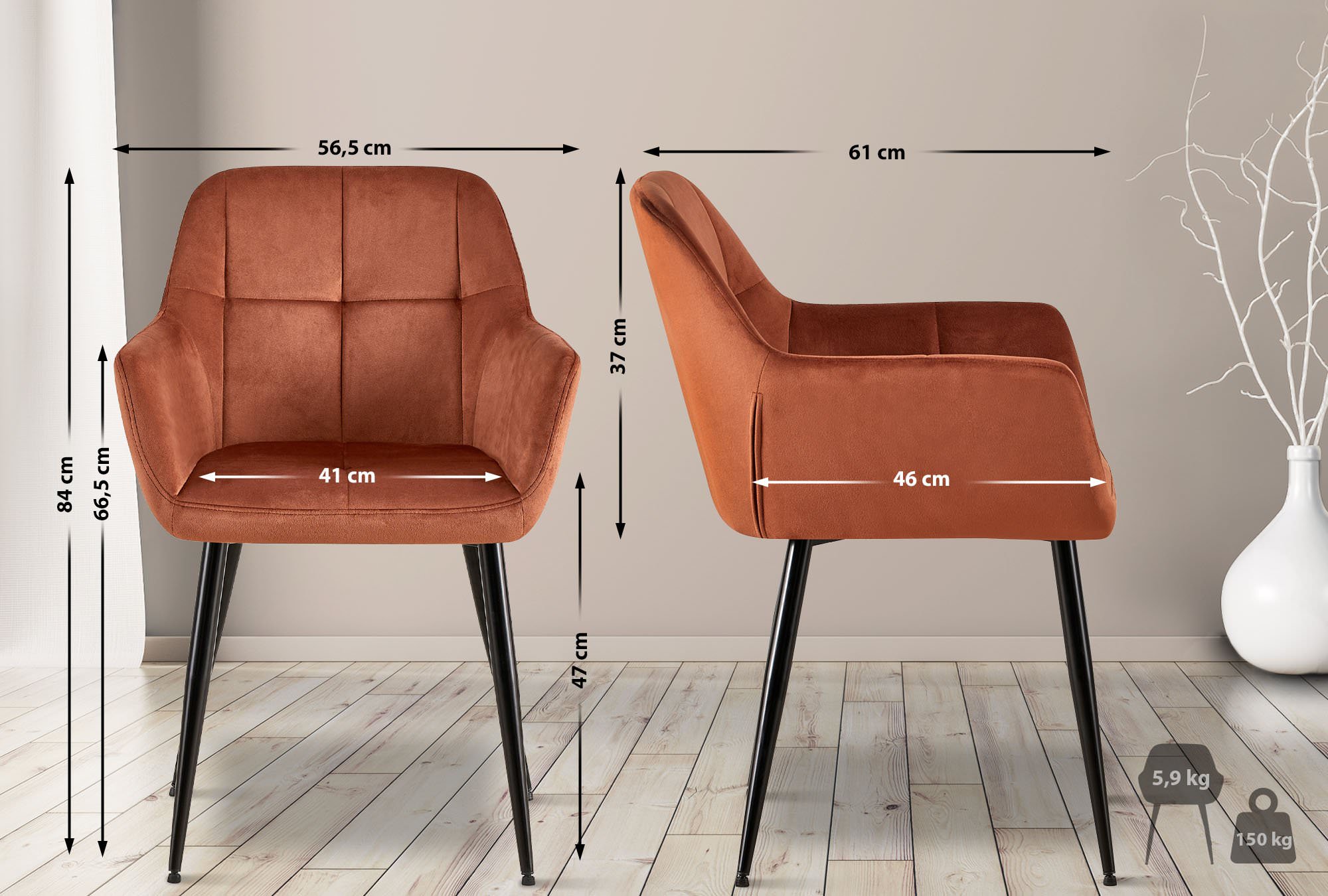 2er Set Esszimmerstuhl Emia Samt, braun