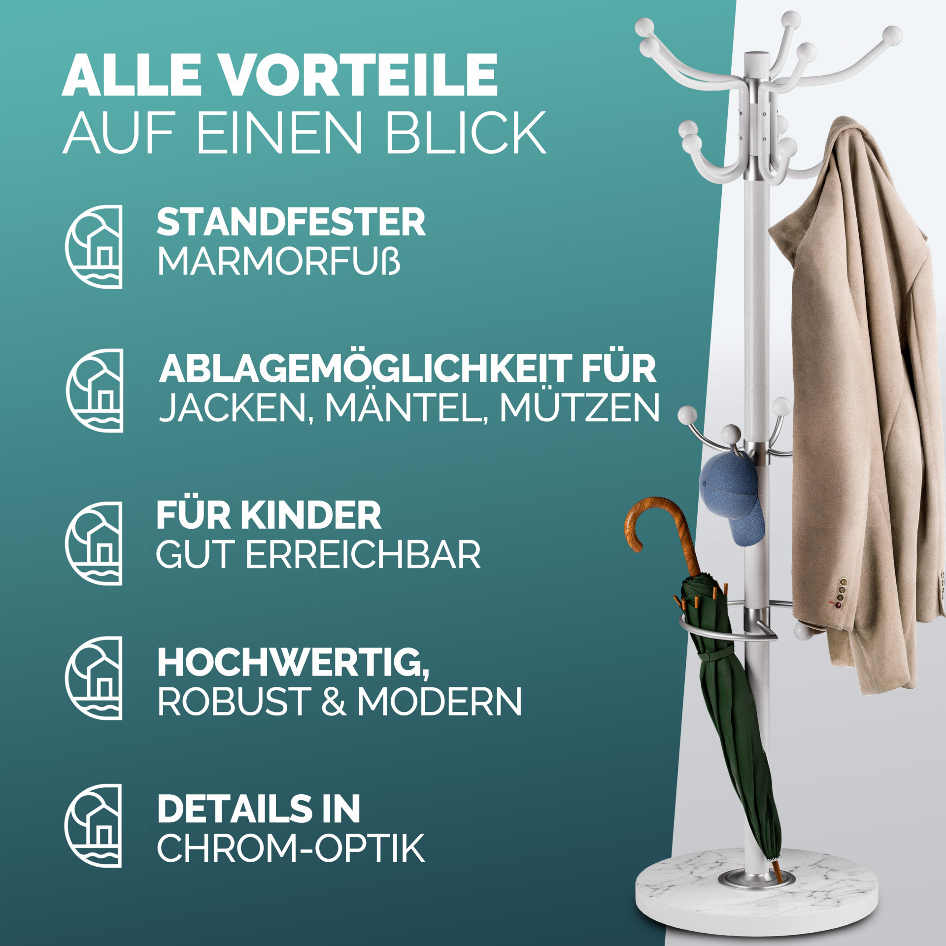 Kleiderständer Weiß mit Marmorfuß 173cm