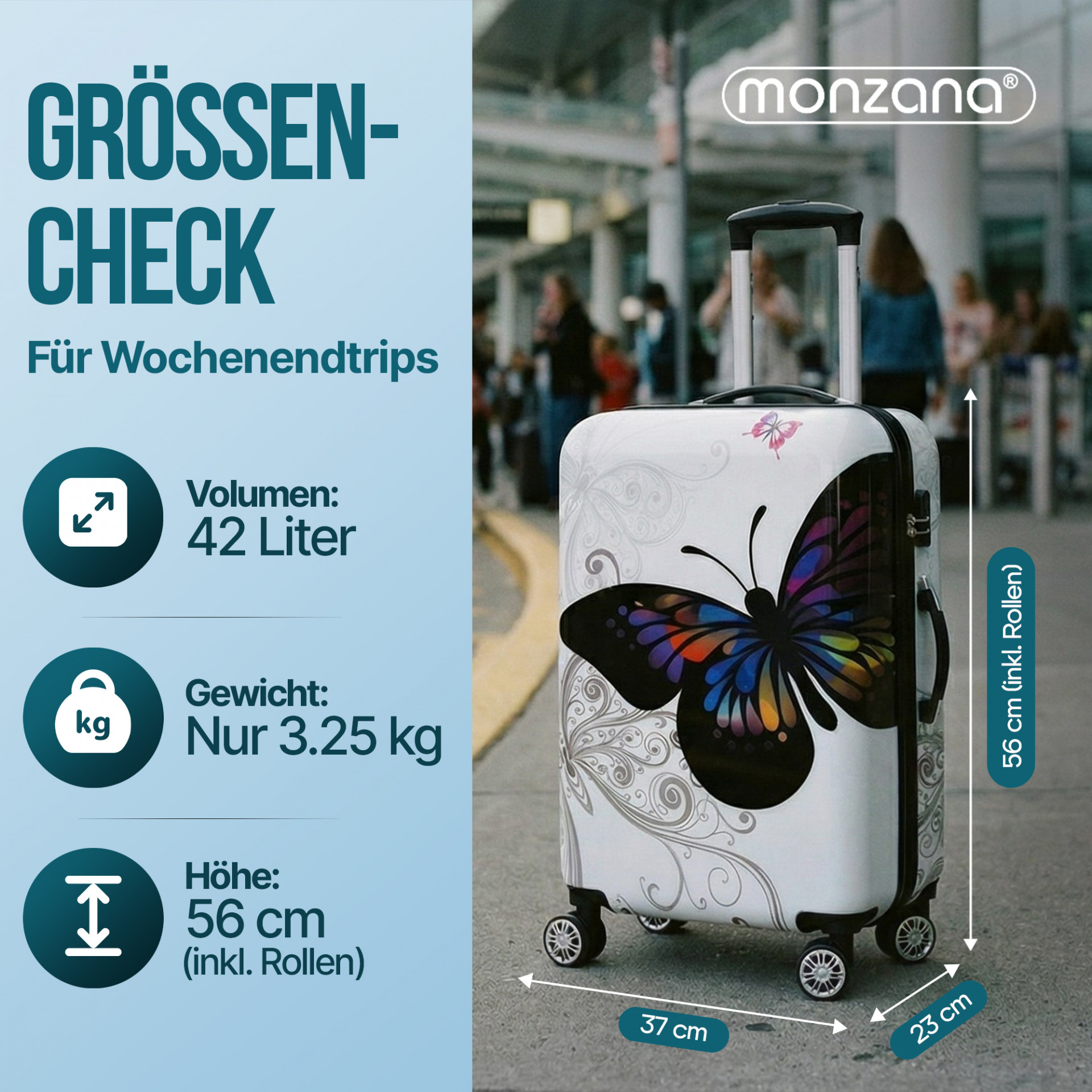 Hartschalenkoffer Rollen 360º Reisekoffer Butterfly Polycarbonat 42L