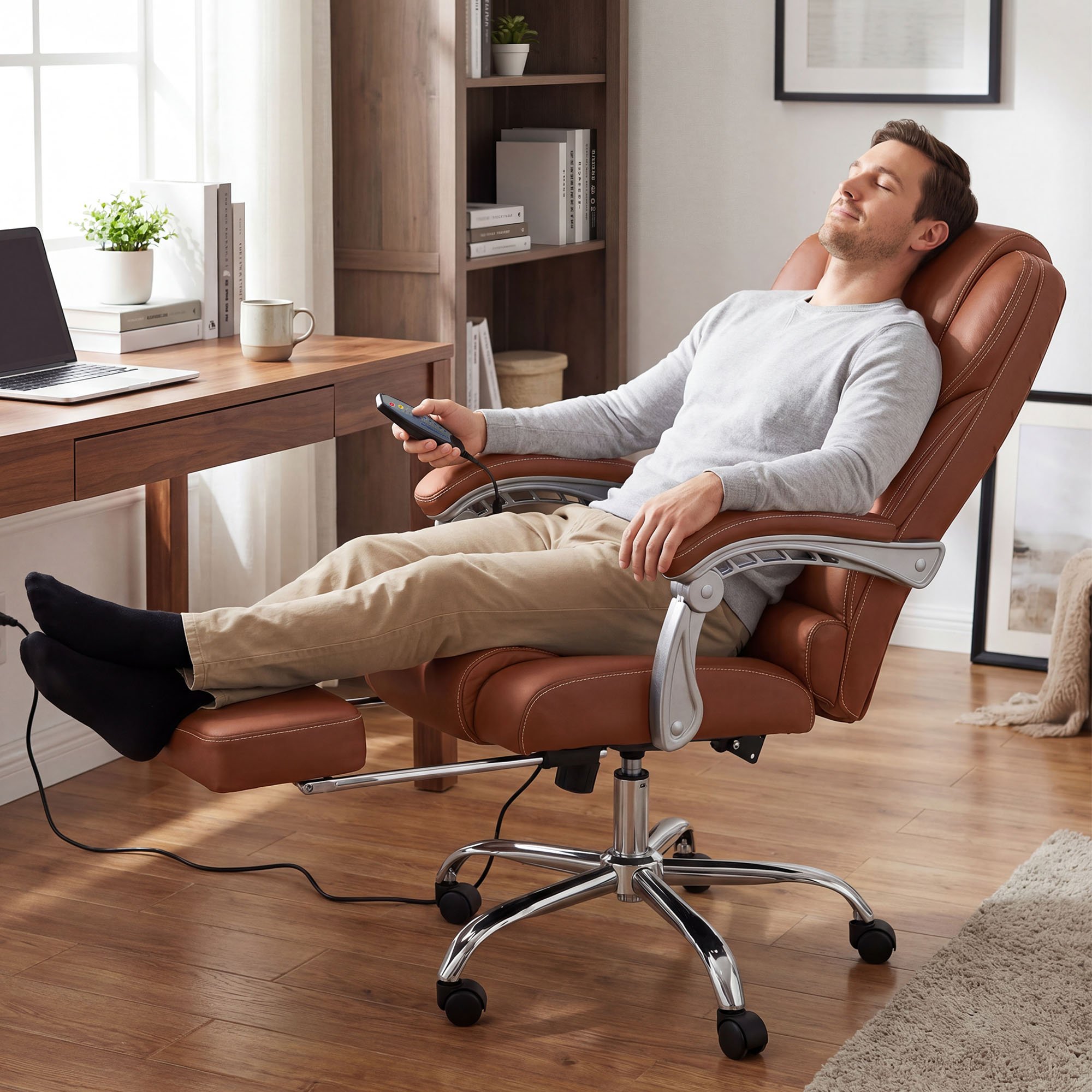 Bürostuhl Pacific Echtleder mit Massagefunktion, hellbraun