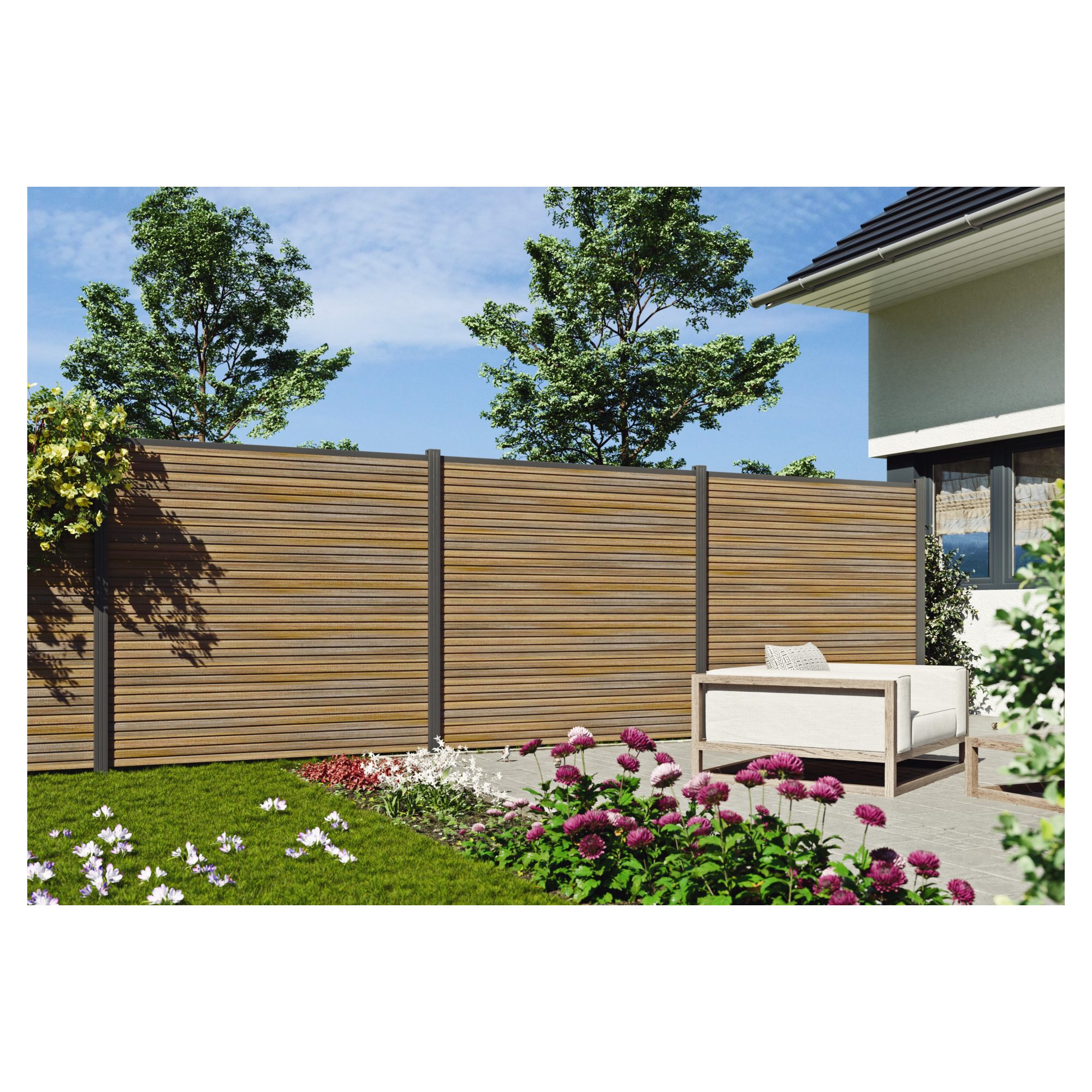 WAREN-Serie, WPC-Steckzaun-Set, ca. 175 x 180 cm, TEAK, Abschlussleiste und Clips separat in silber oder anthrazit