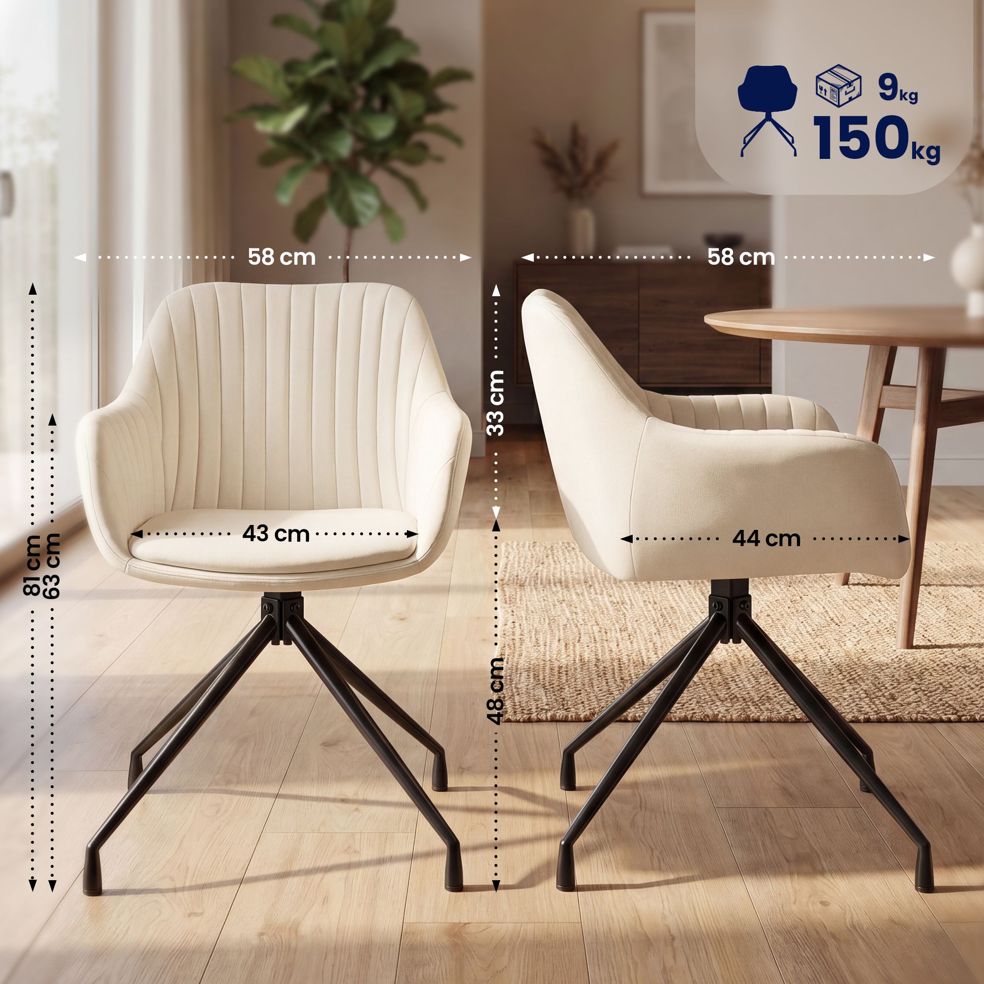 2er Set Esszimmerstuhl Novanis Samt, creme