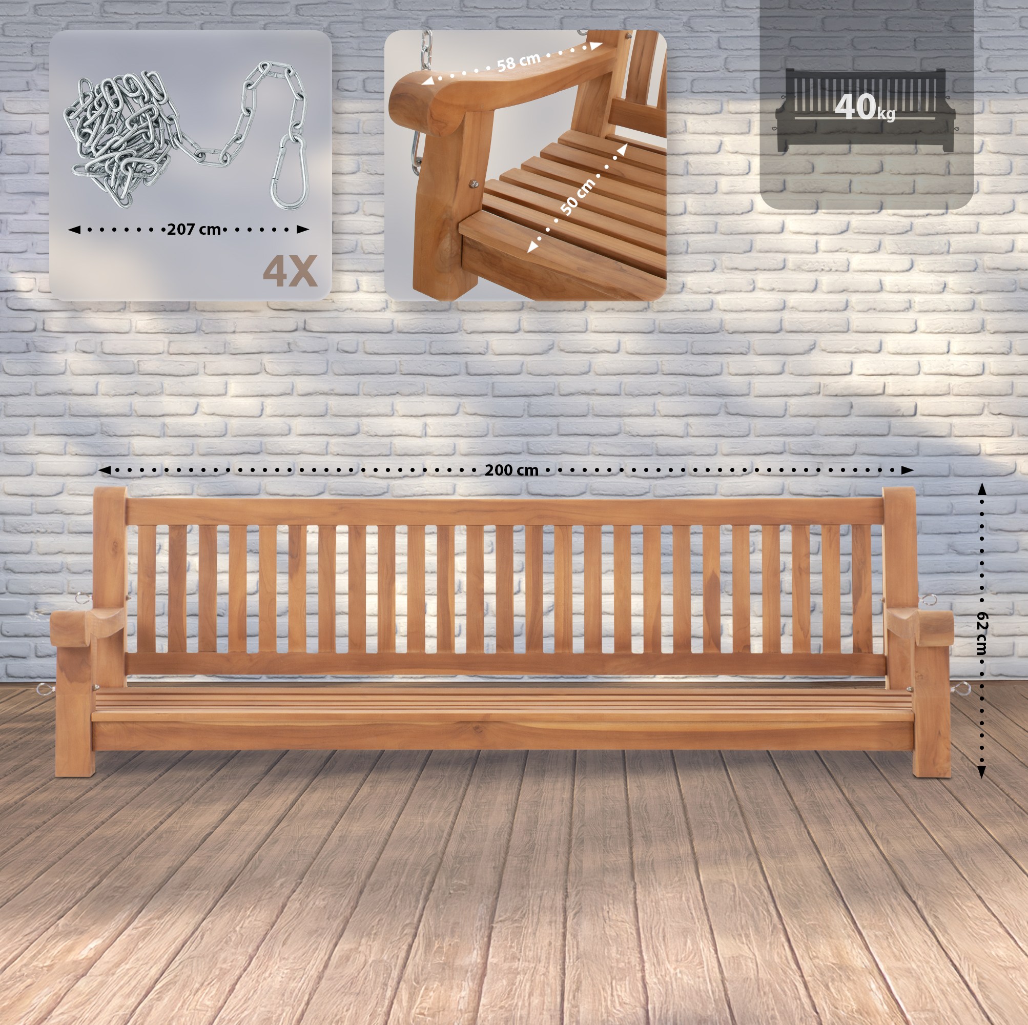 Schaukelbank Joyce 200 cm, teak