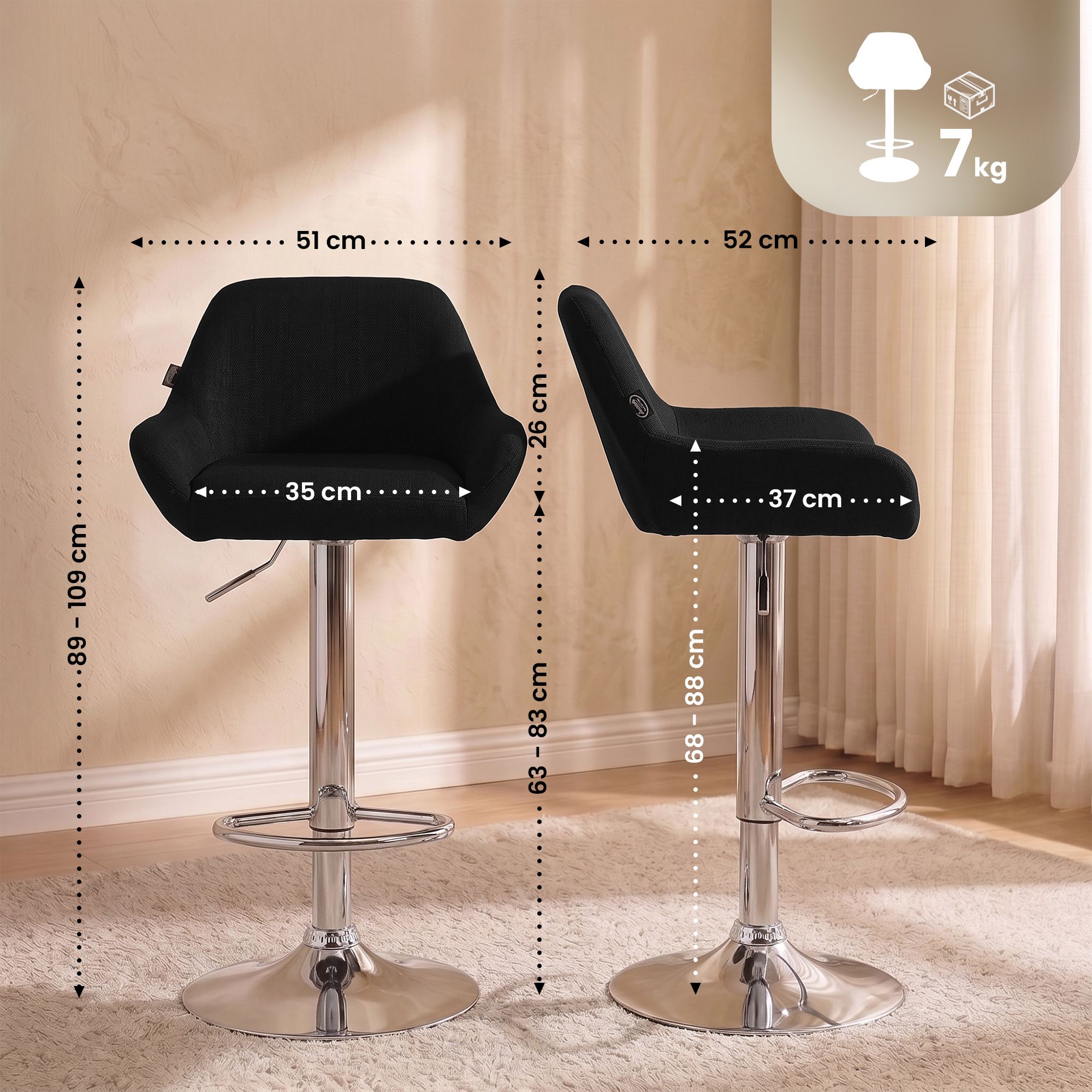 Barhocker Braga Stoff chrom, schwarz