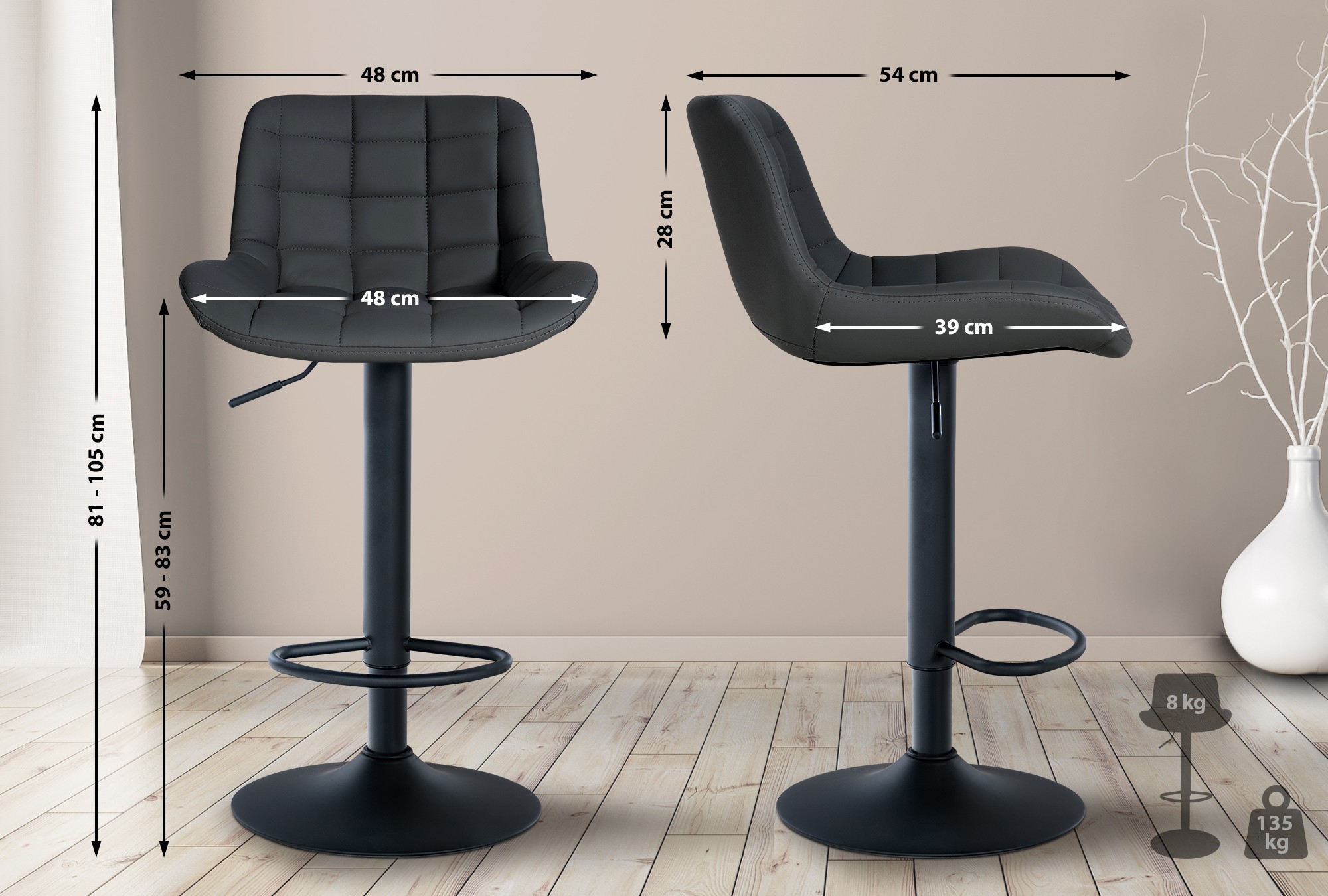 2er Set Barhocker Tover Kunstleder, schwarz
