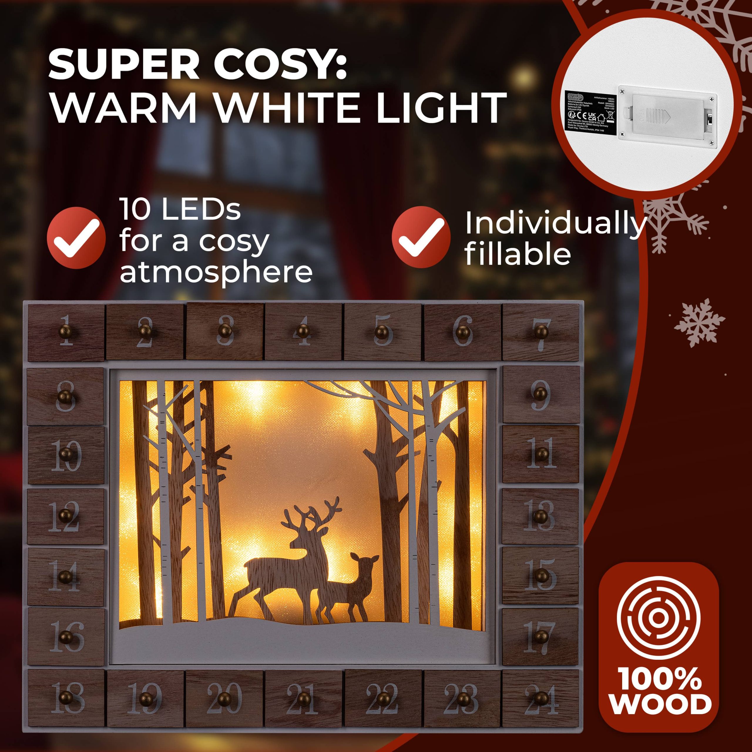 Adventskalender Winterwald Holz LED