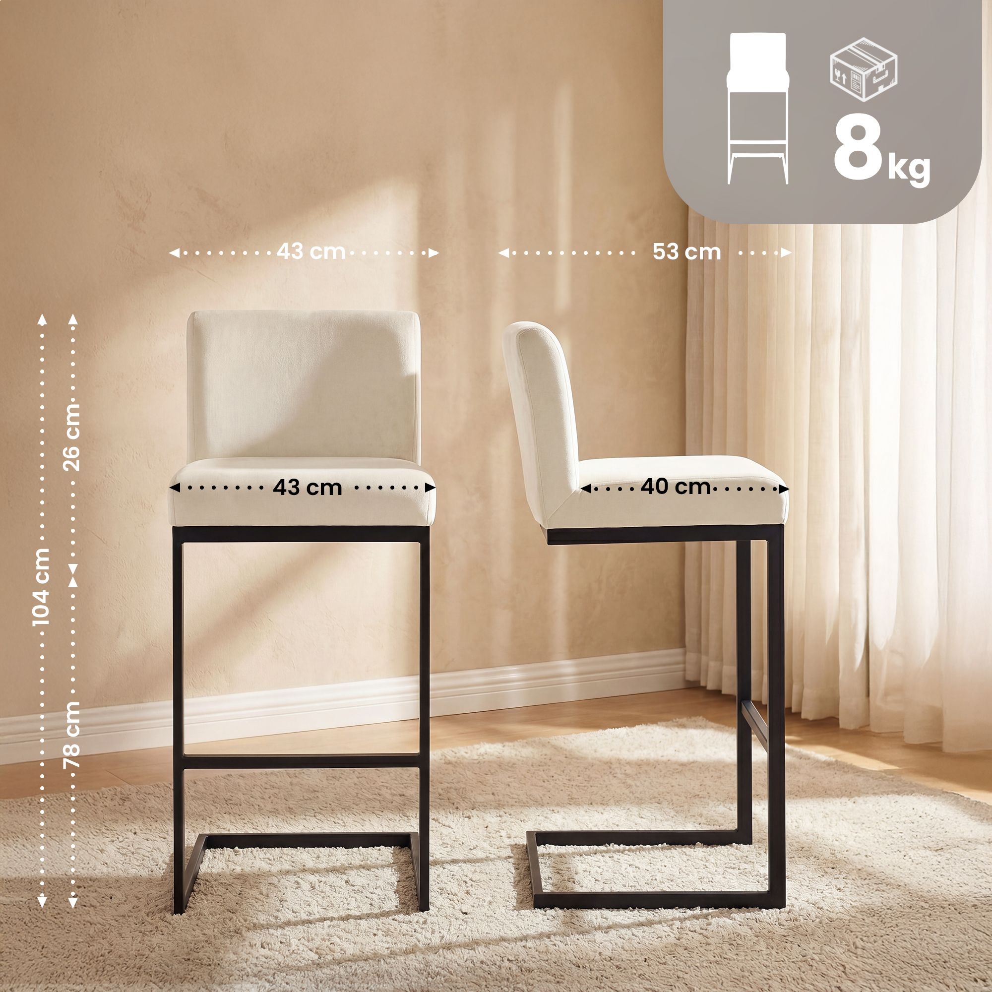 2er Set Barhocker Hopewell Samt B, creme
