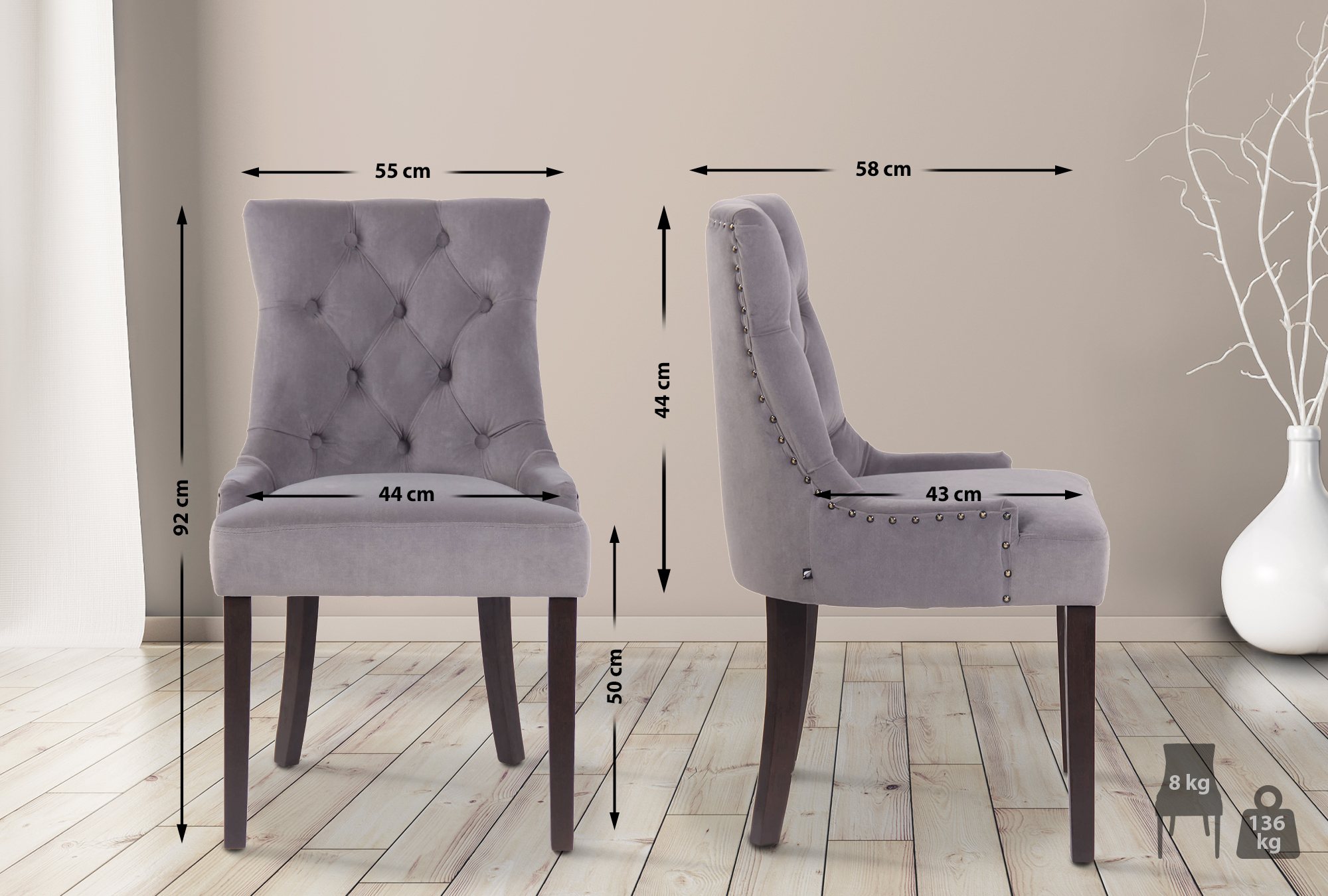 4er Set Esszimmerstühle Aberdeen Samt antik, grau