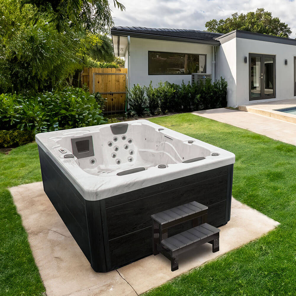 Outdoor Whirlpool mit Treppe und Thermoabdeckung WHITE MARBLE Anthrazit - 210 x 160 cm für 3 Personen