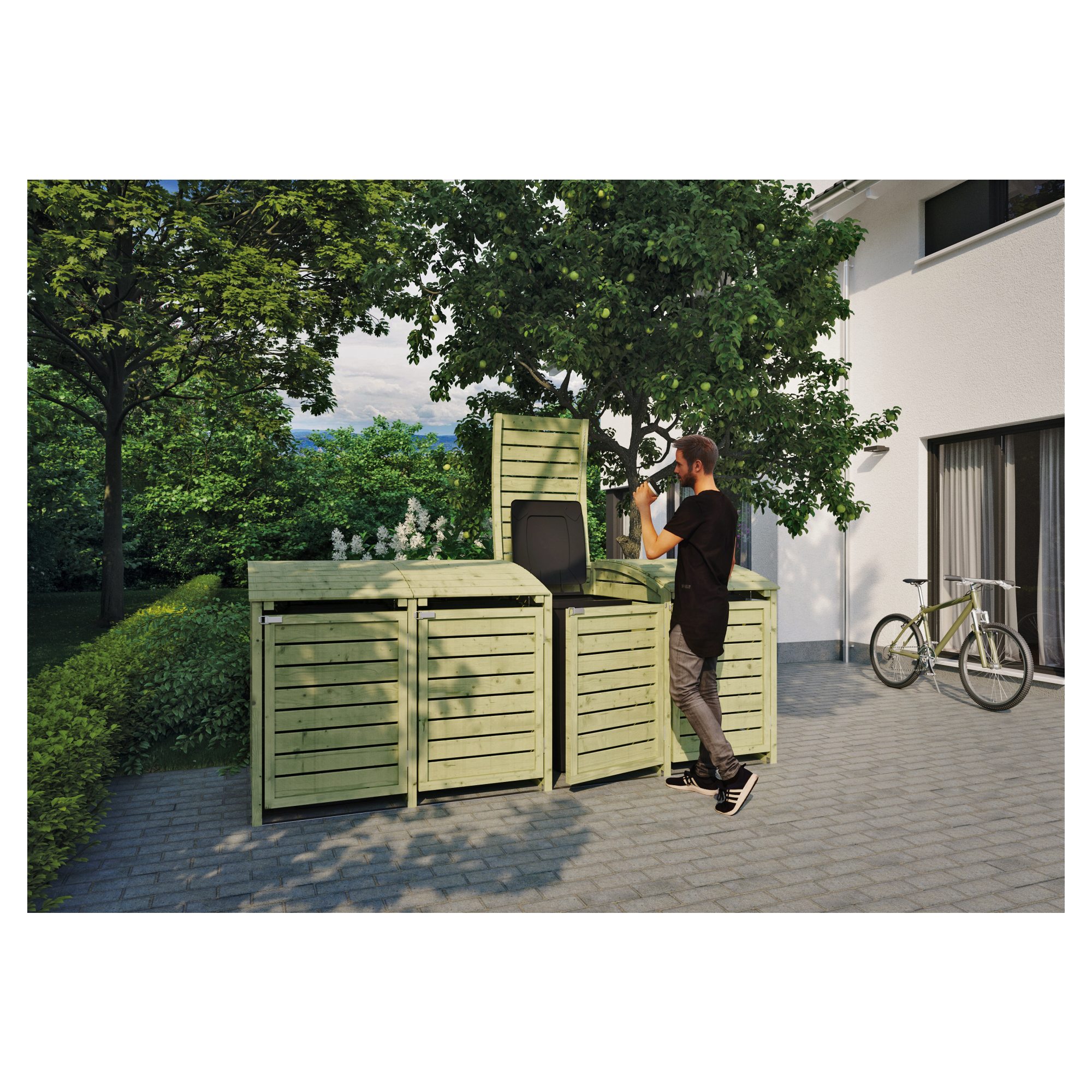 HENRI Mülltonnenabtrennung 4-fach, B 300 x T 90 x H 120 cm, inkl. Rückwand, kdi-grün