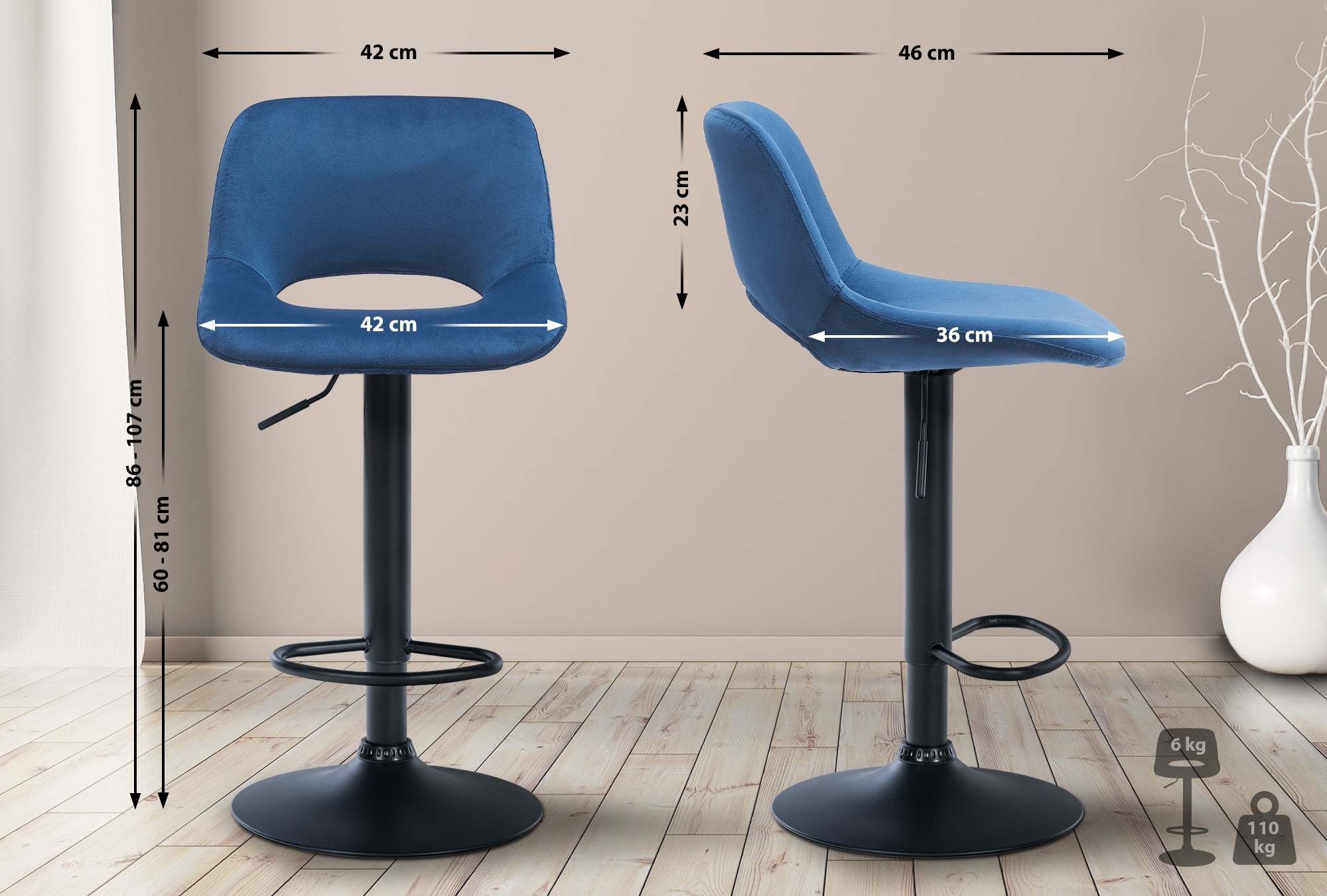 2er Set Barhocker Camden Samt schwarz, blau