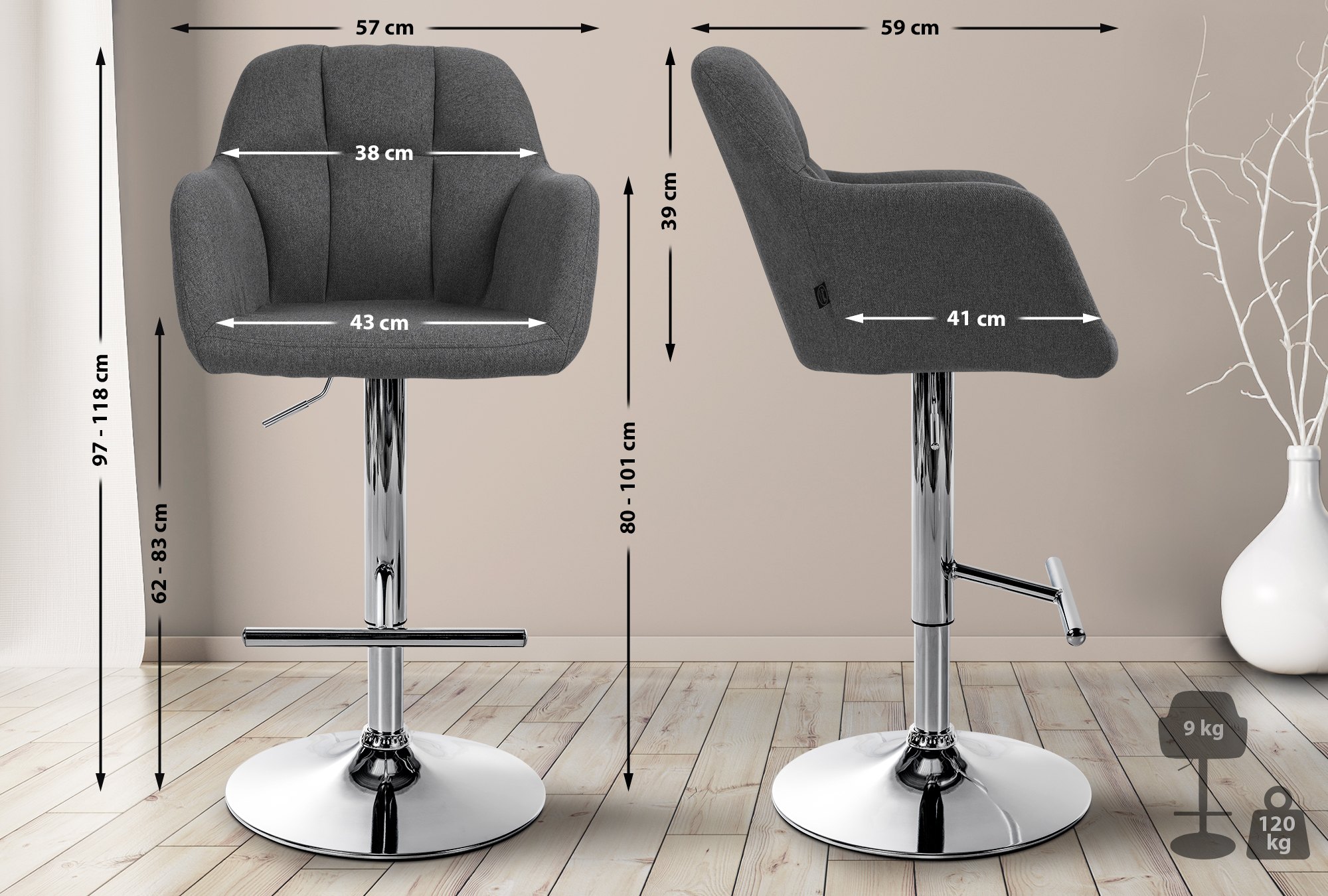 Barhocker Natoma Stoff chrom, dunkelgrau
