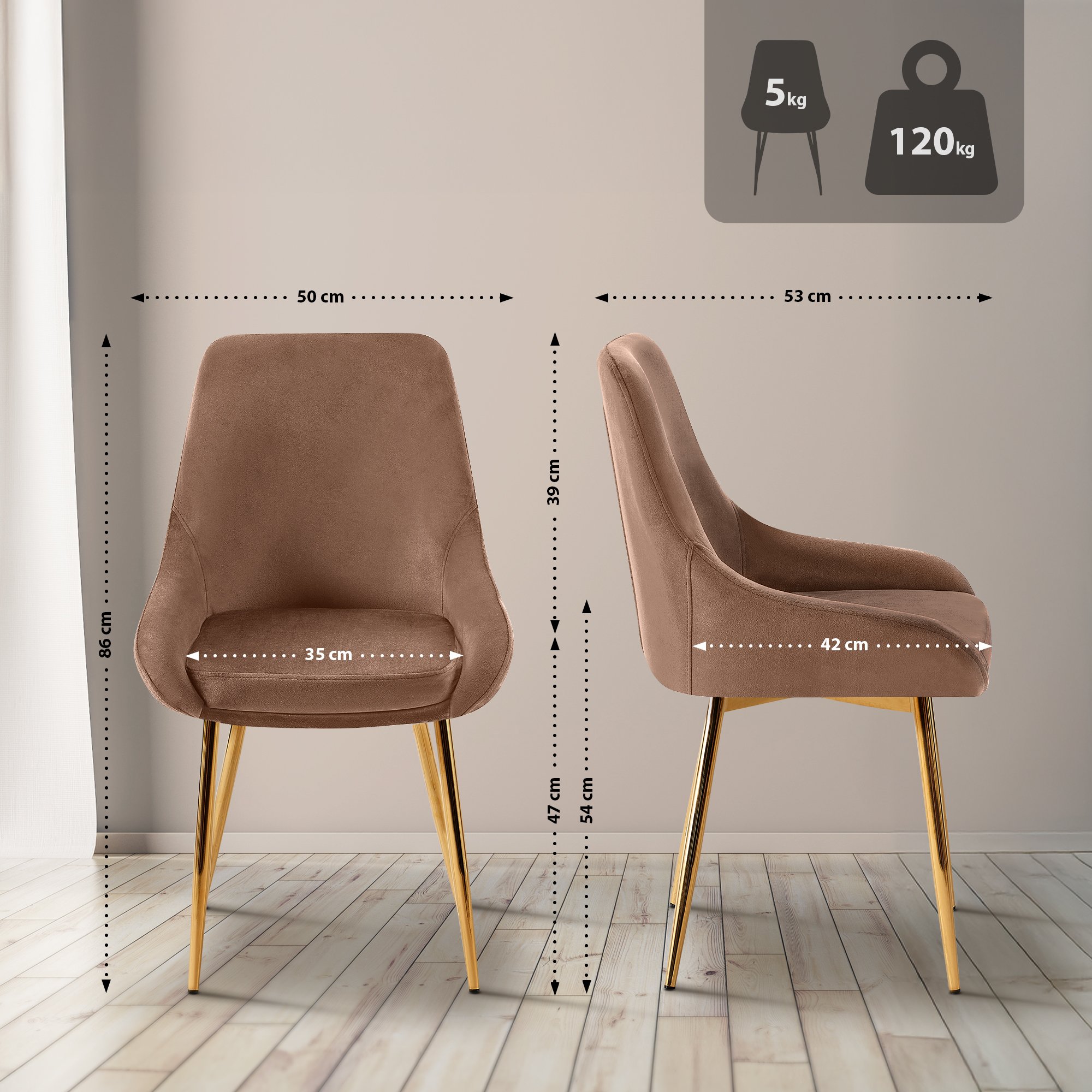 2er Set Esszimmerstuhl Elmira Samt gold, braun