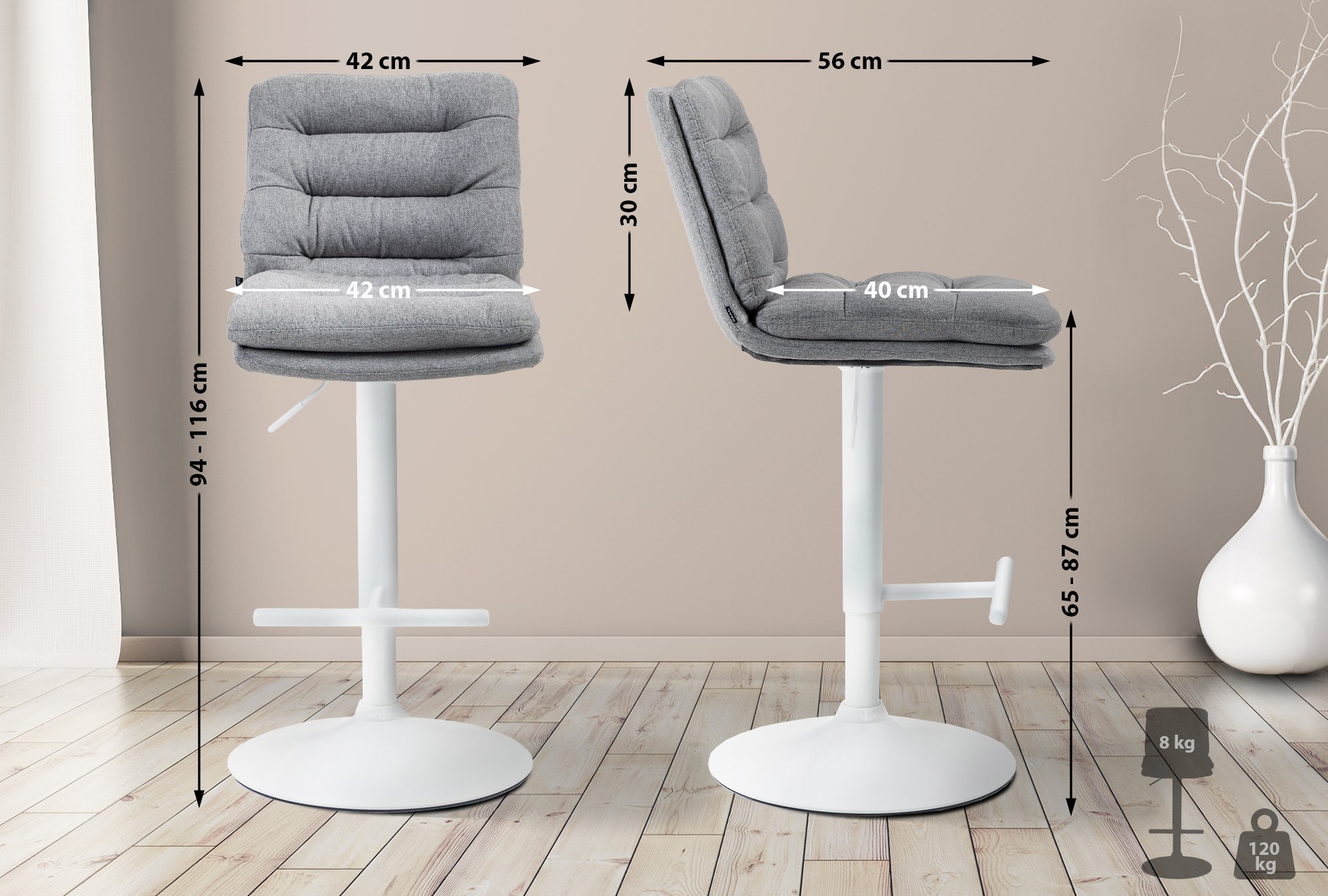 Barhocker Damar Stoff weiß, grau