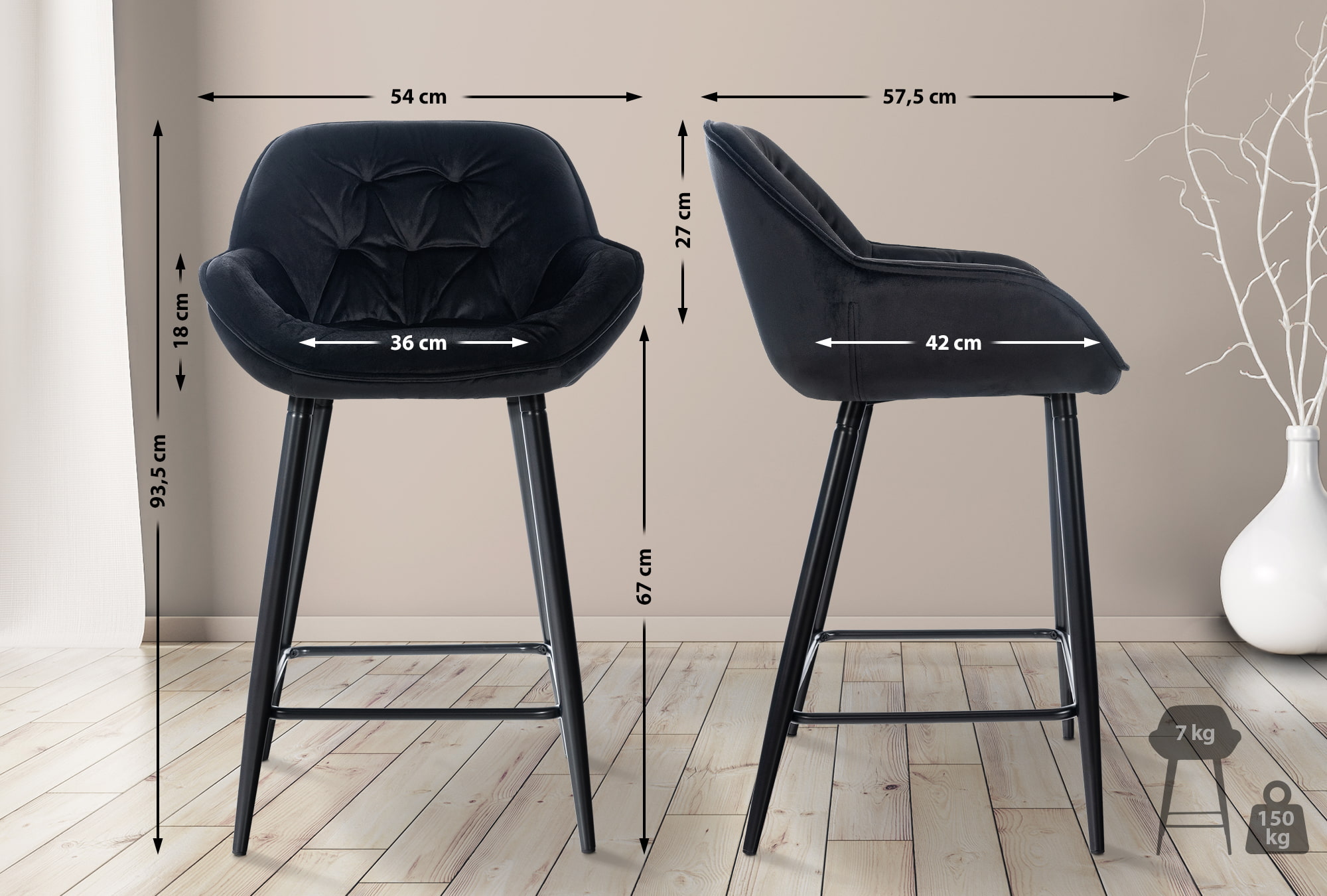 2er Set Barhocker Gibson Samt, schwarz
