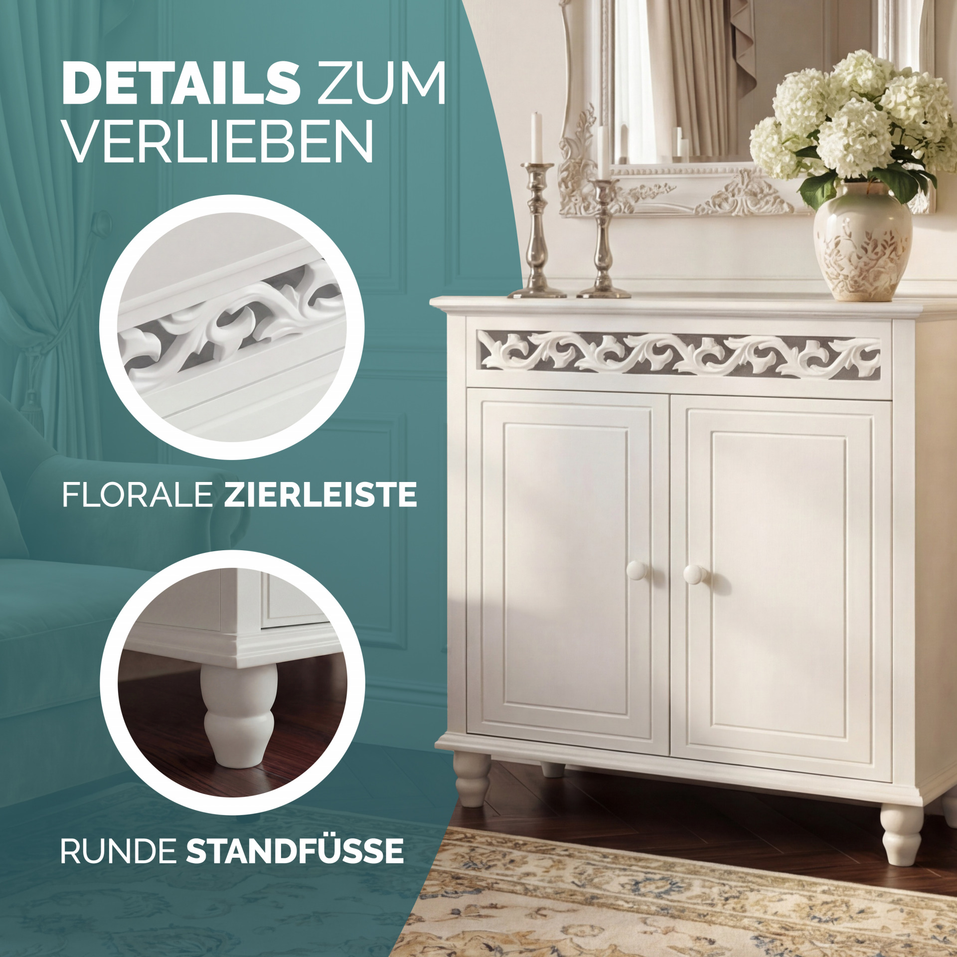 Kommode Schlafzimmer Landhaus Weiß mit Einlegeboden 2 Türen 76x65x35cm