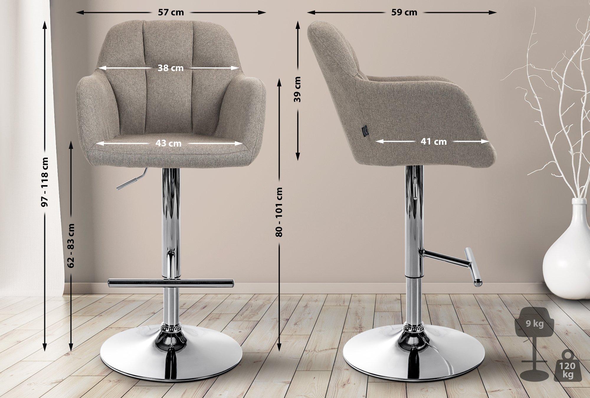 Barhocker Natoma Stoff chrom, taupe