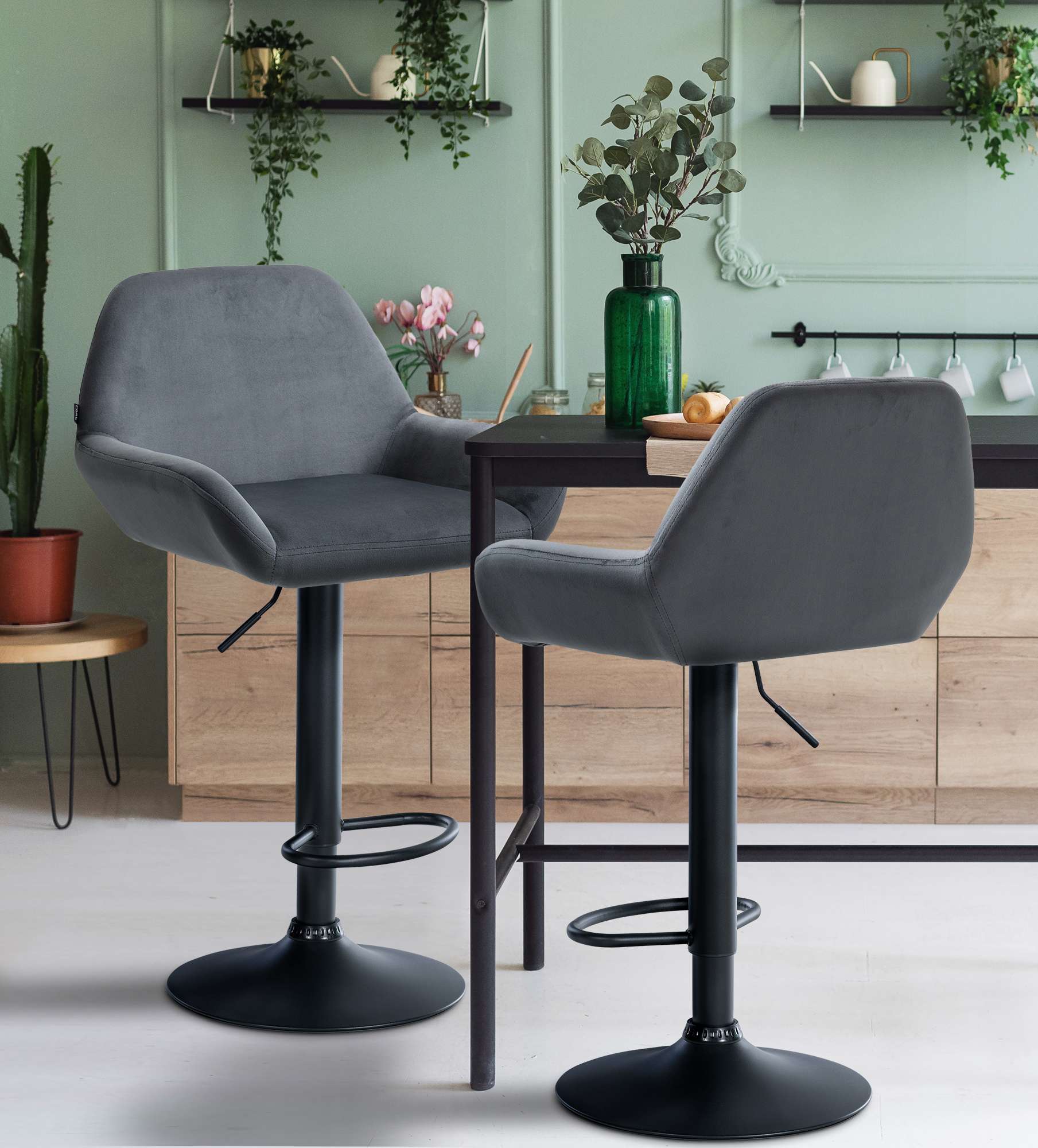 2er Set Barhocker Braga Samt schwarz, dunkelgrau
