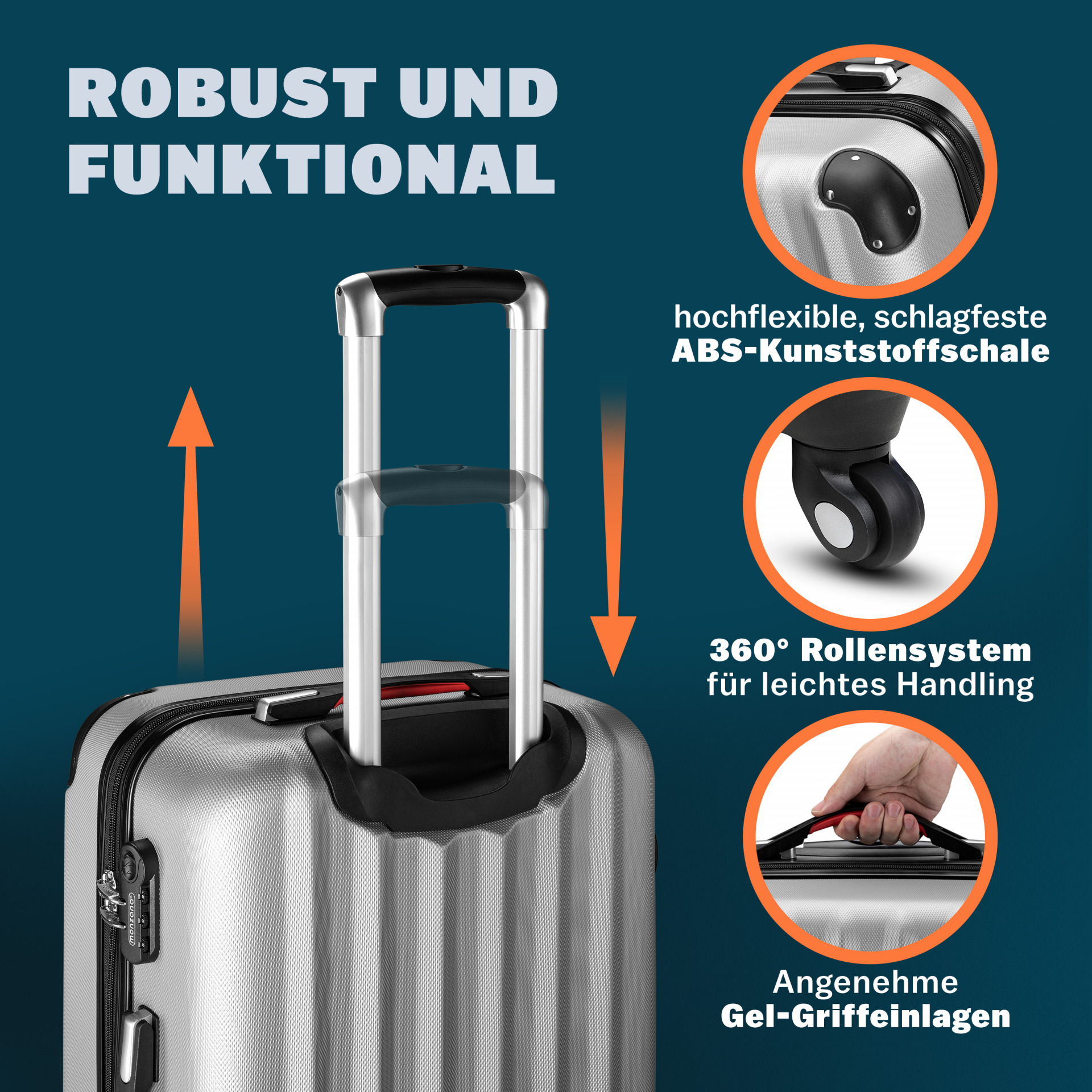 Hartschalenkoffer L Rollen 360º Reisekoffer 62L Silber ABS