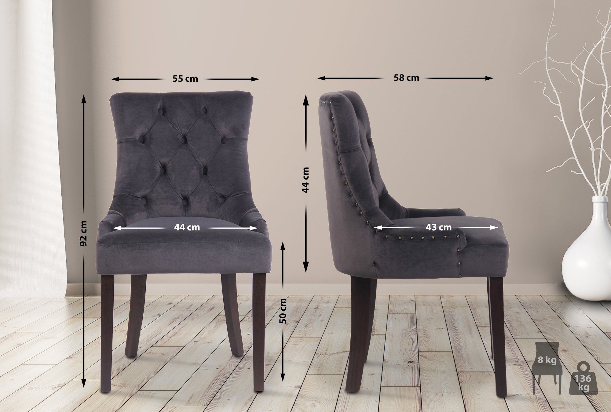 4er Set Esszimmerstühle Aberdeen Samt antik, dunkelgrau