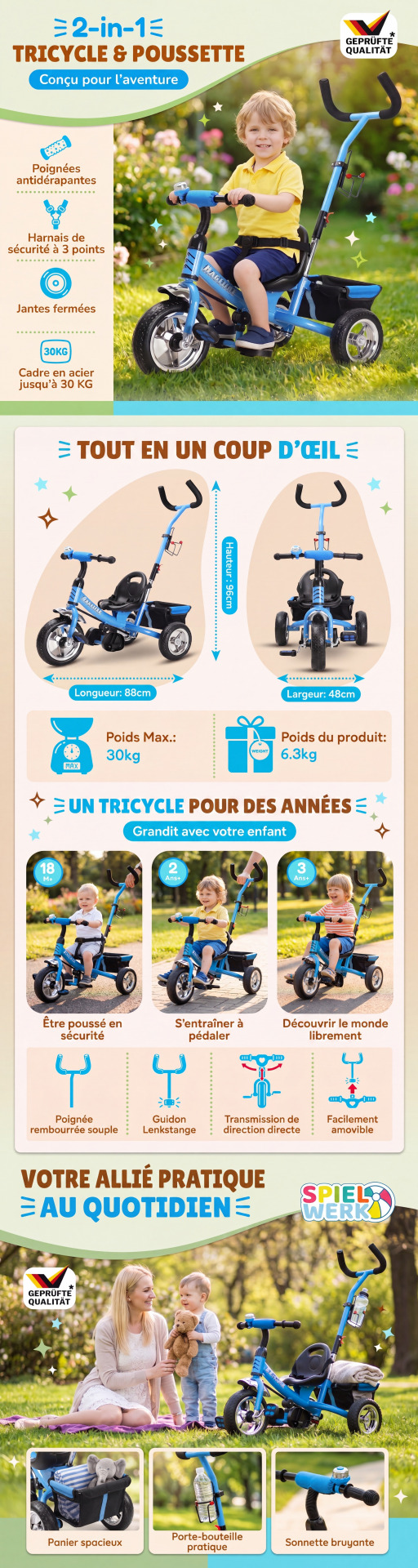 Kinderdreirad Raceline Blau Metall Schiebestange