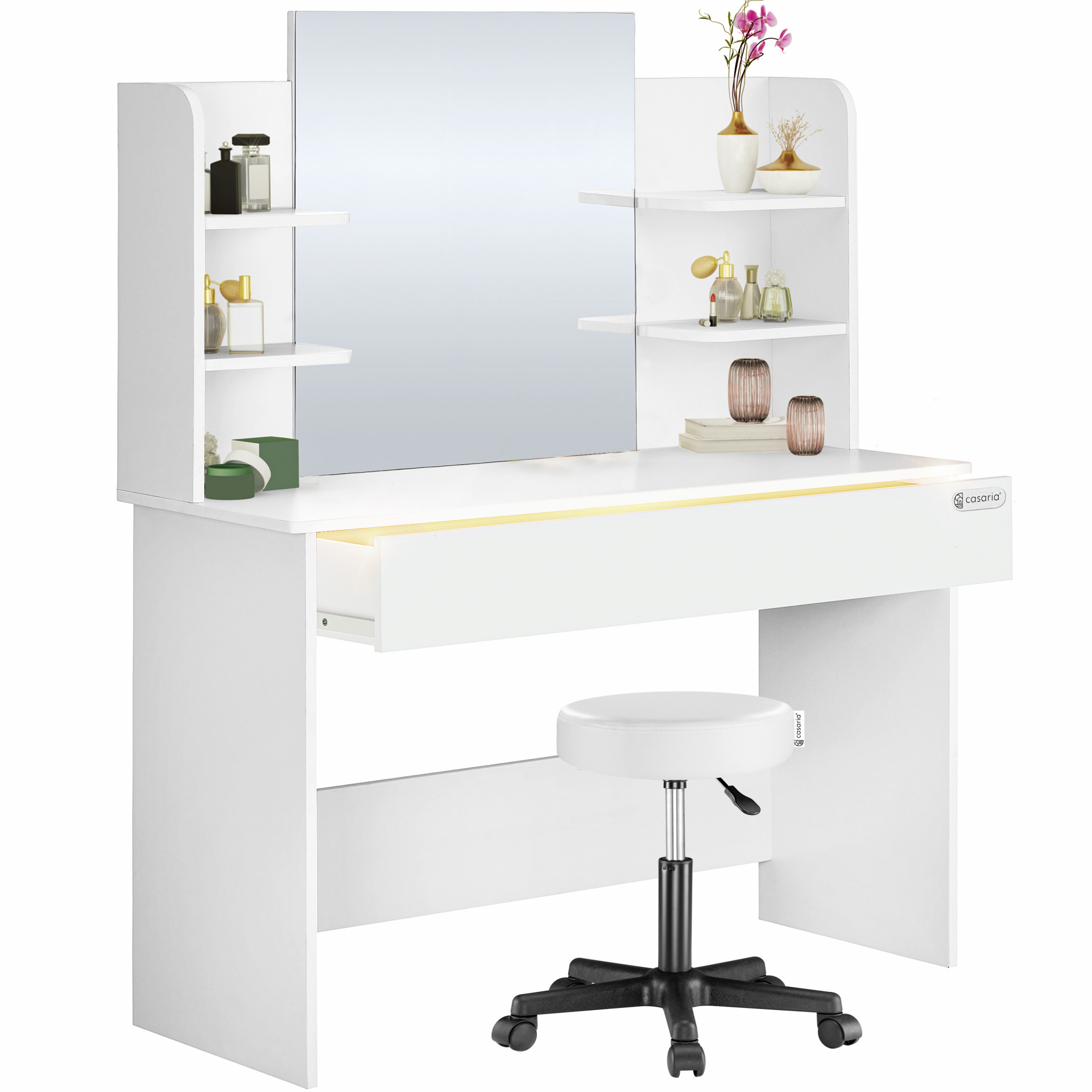Schminktisch Lucia Weiß 140x110x40cm mit Rollhocker