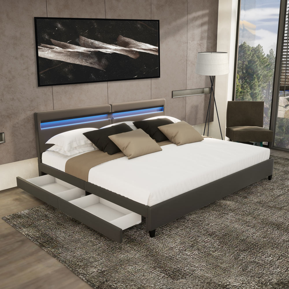 LED Bett mit Schubladen NUBE - 200 x 200 cm ohne Matratze Dunkelgrau