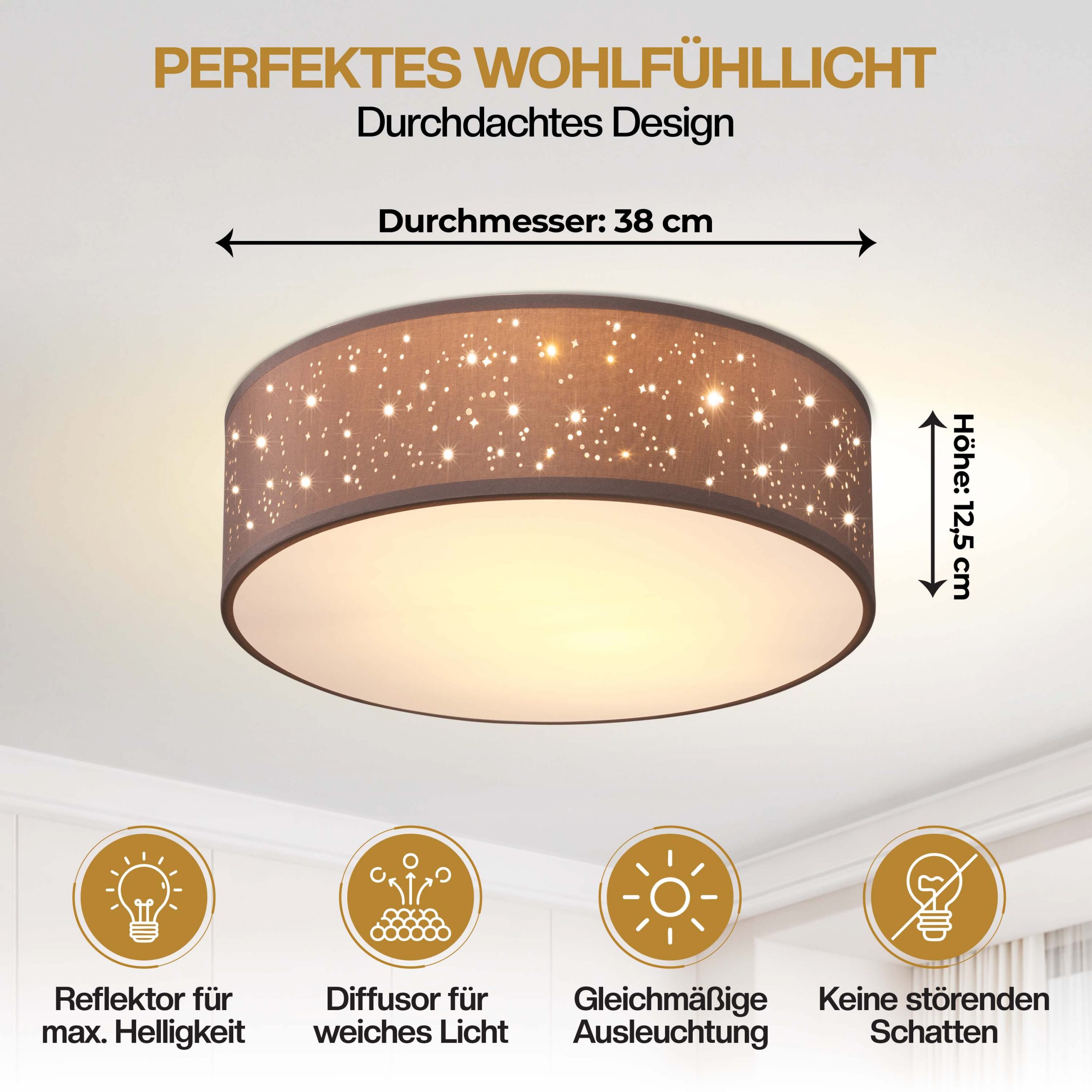 Deckenlampe Taupe Stoff Ø38cm Sternenhimmel
