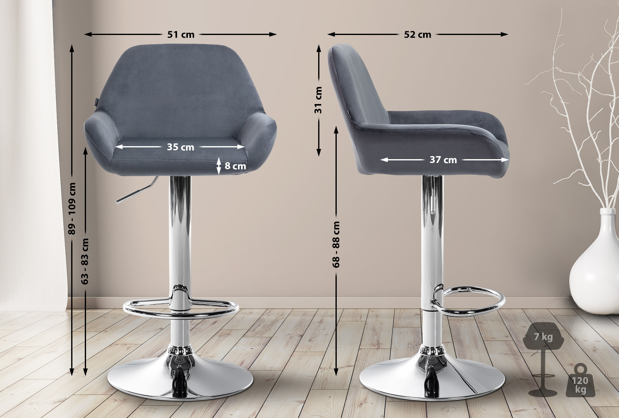 2er Set Barhocker Braga Samt chrom, dunkelgrau
