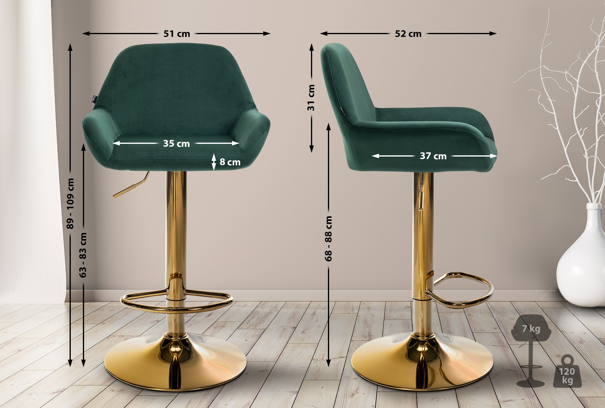 2er Set Barhocker Braga Gold Samt, dunkelgrün